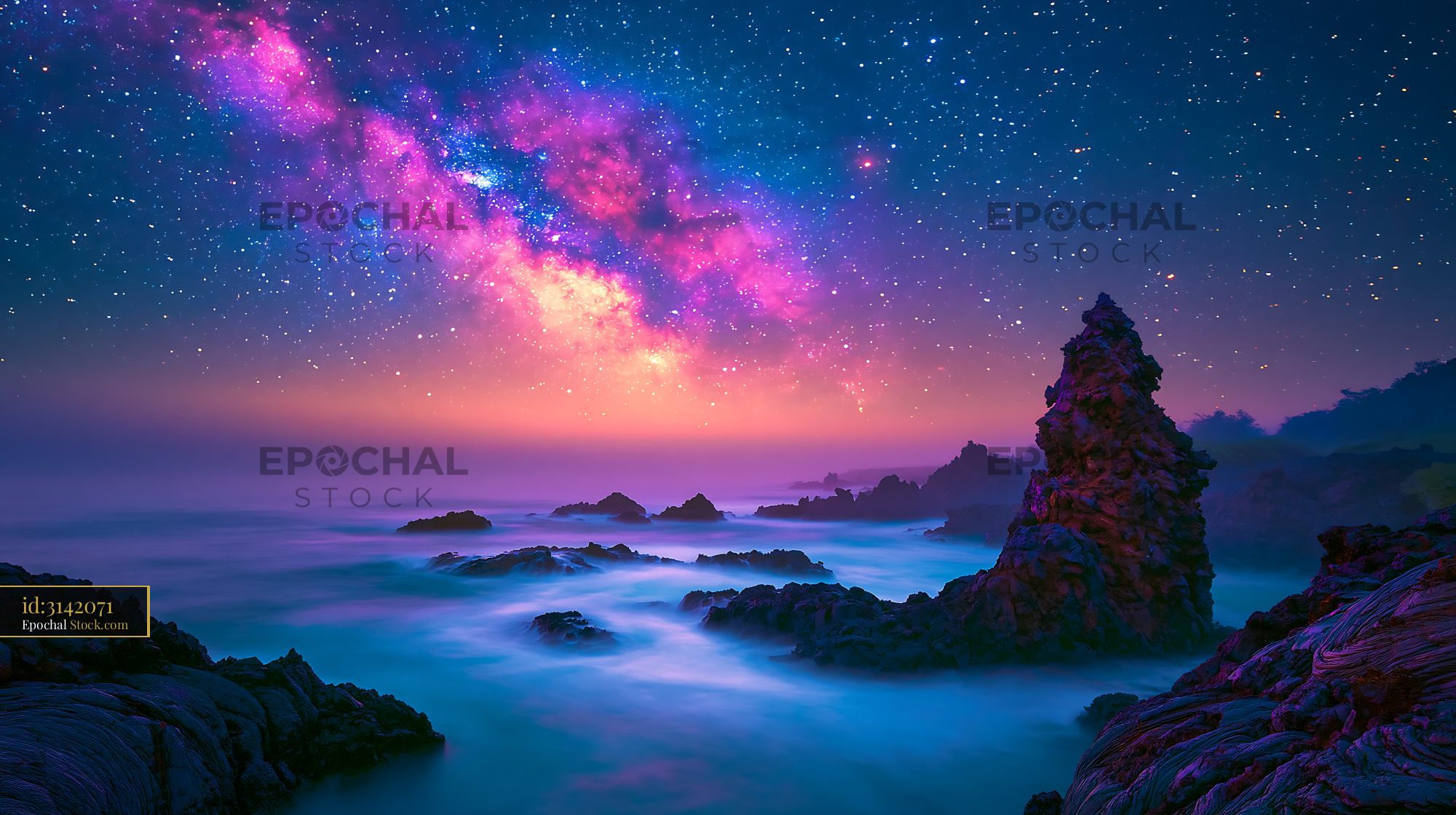 Patagonia glacier face under a vibrant Milky Way and starry sky - stock photo