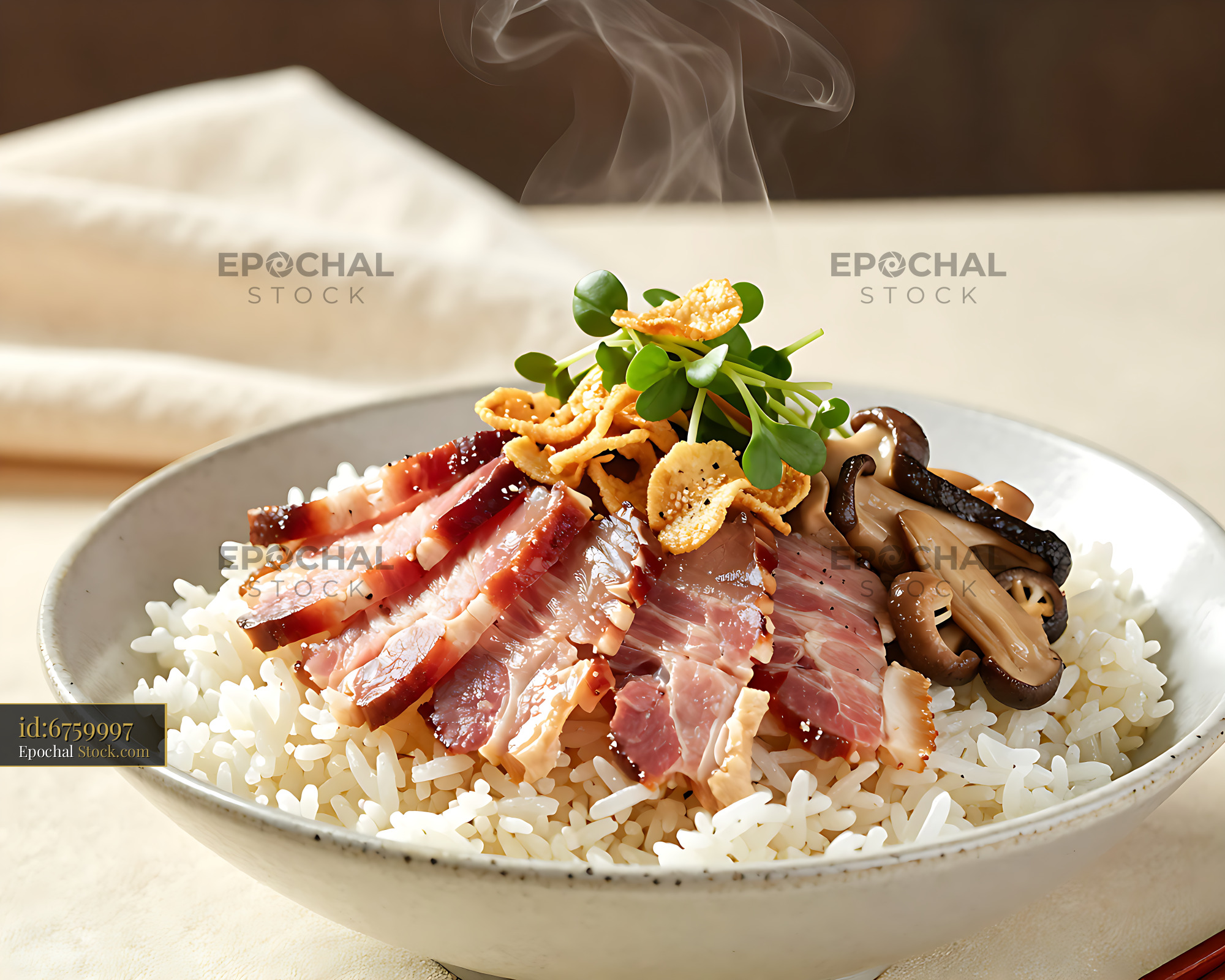 Steamed rice with sliced Yunnan Xuanwei ham and mushrooms - stock photo