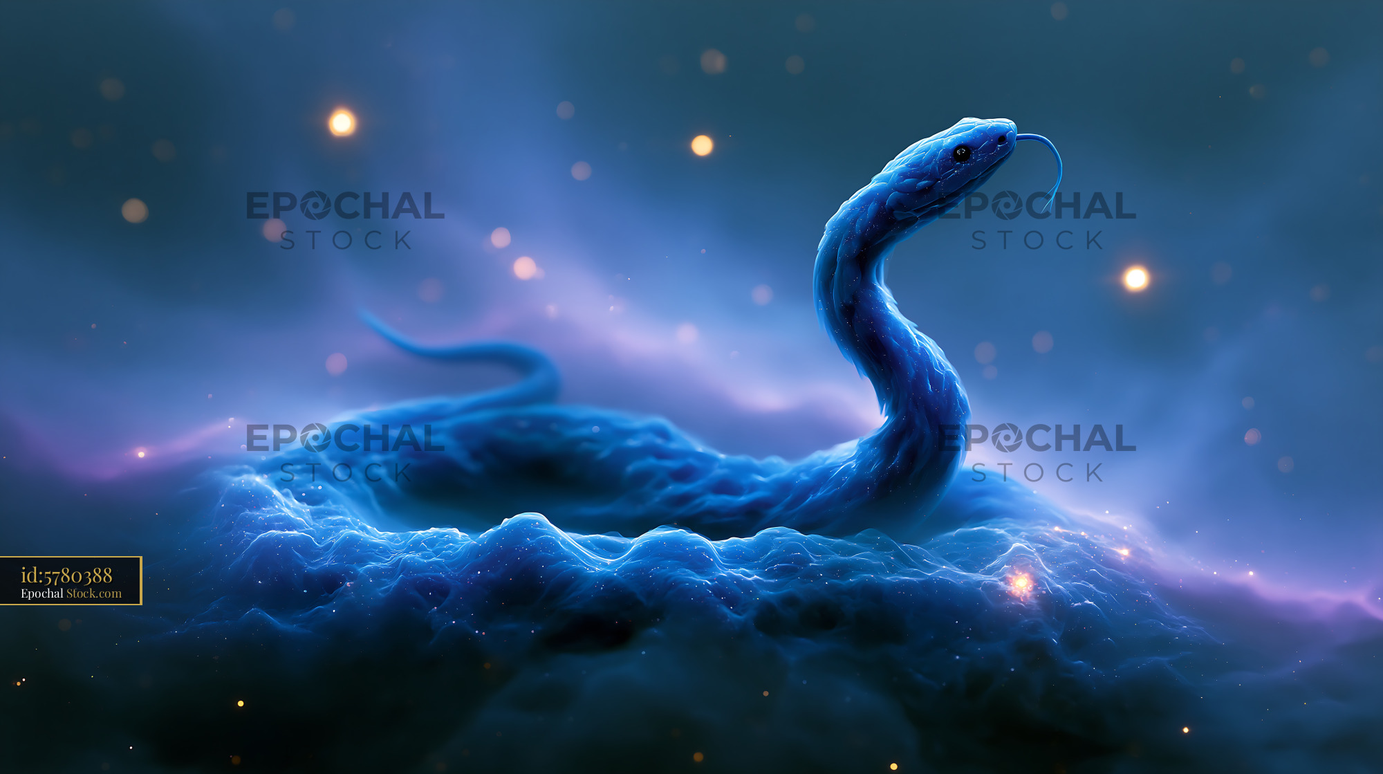Ethereal blue snake made of stardust rising from a cosmic nebula - stock photo