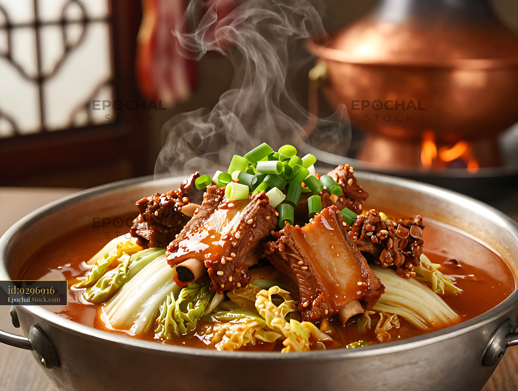 Steaming Mokpo Holdaek stew with braised ribs and fresh cabbage - stock photo