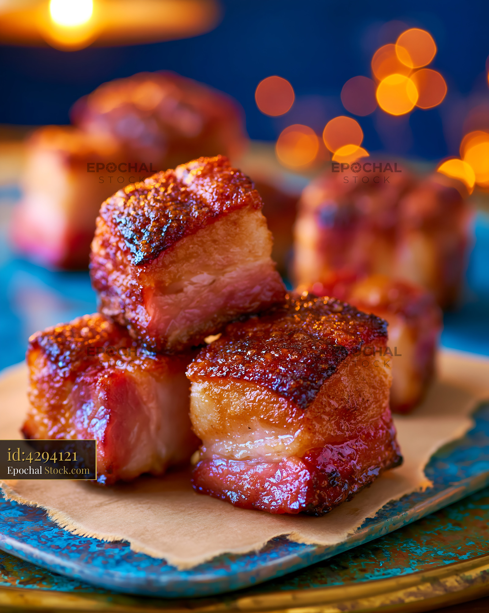 Crispy lardo di colonnata meat cubes served as a gourmet appetizer - stock photo