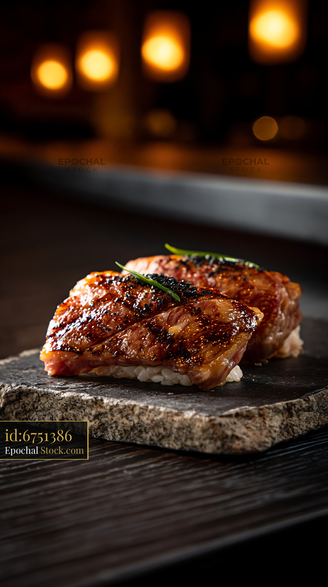 Aburi wagyu sushi on stone plate in a luxury restaurant - stock photo
