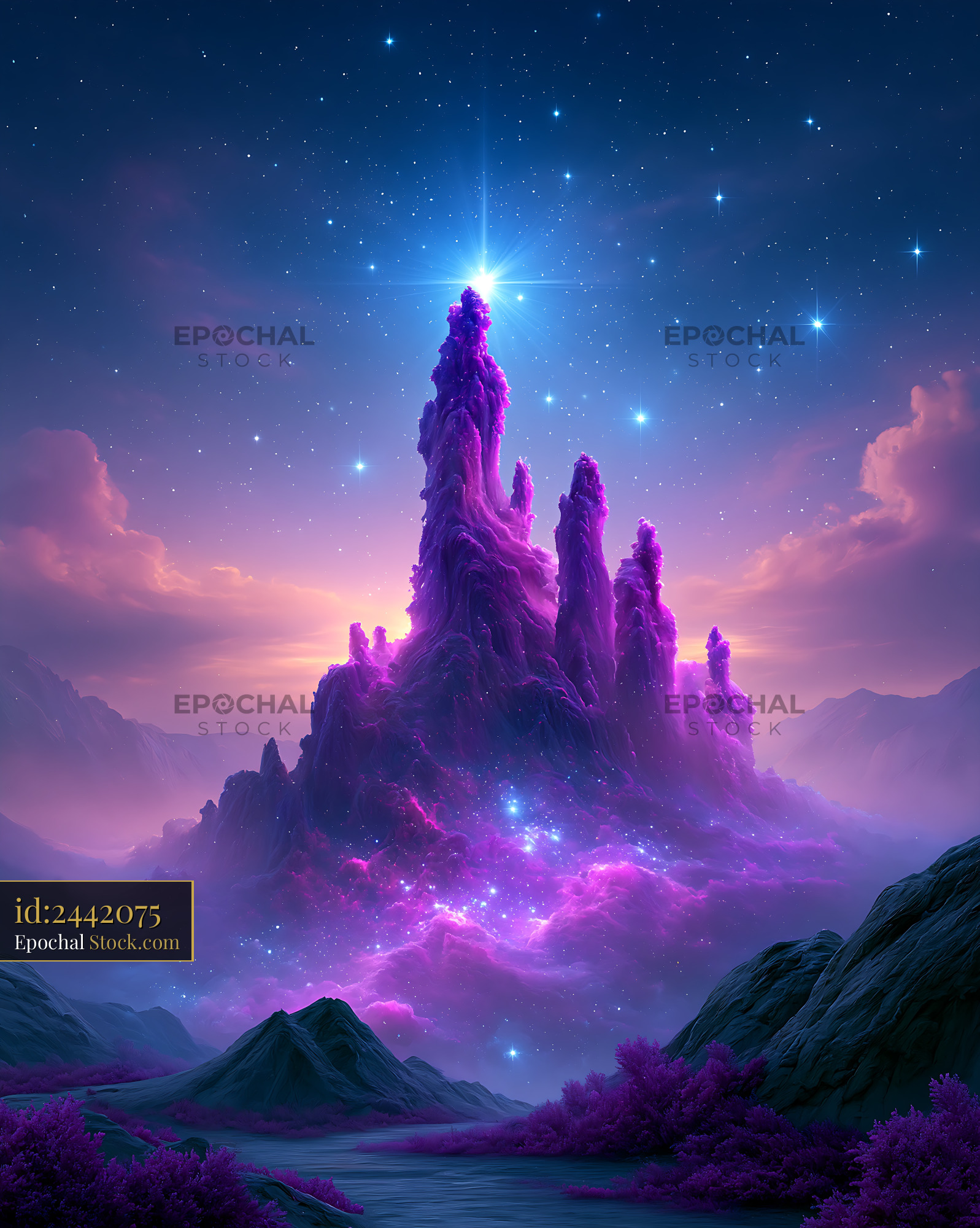 Surreal purple nebula formation under a bright star in deep space - stock photo