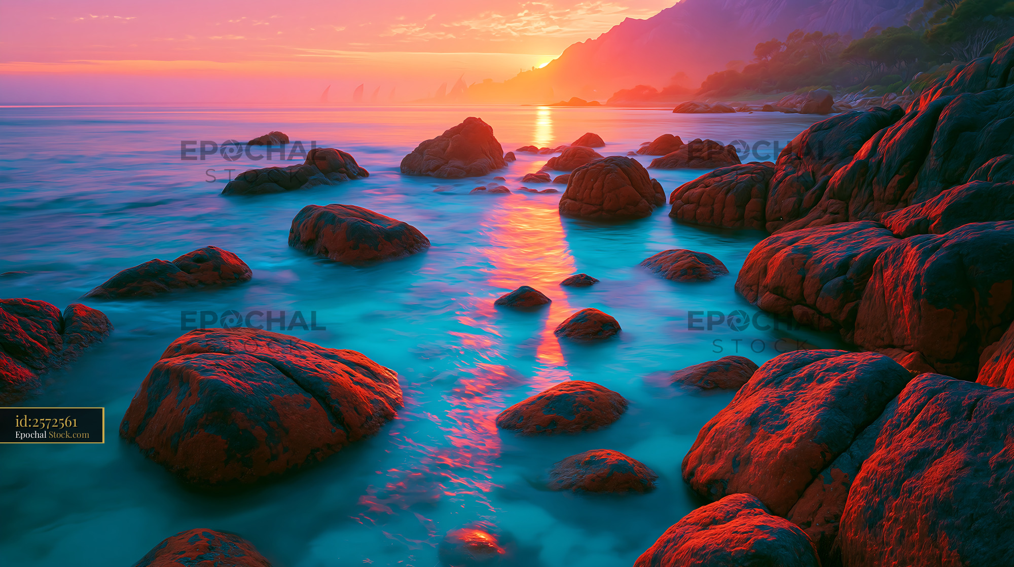 Single tree islet and rocky coastline at vibrant sunset - stock photo