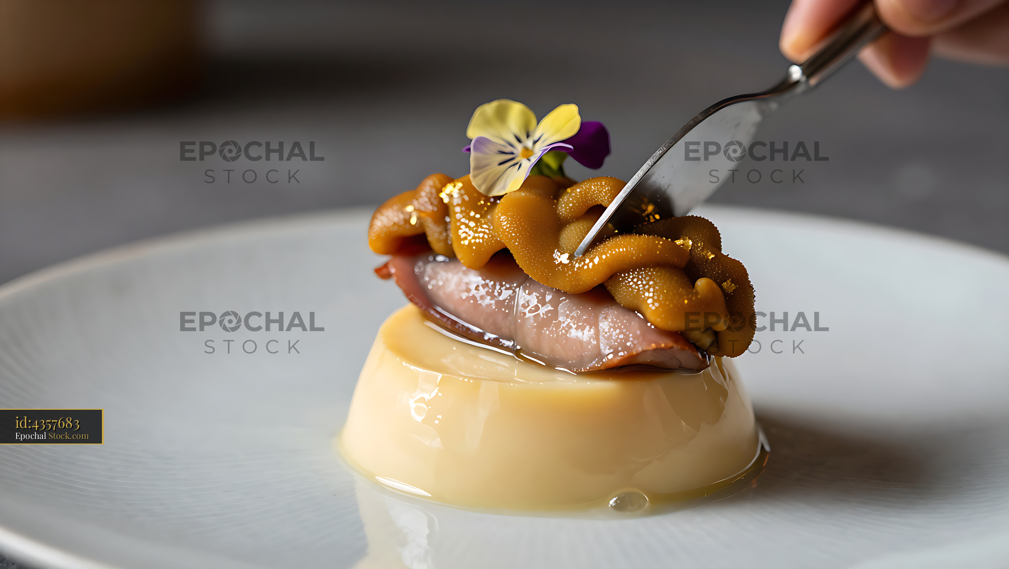 Beef tongue with sea urchin custard and fresh uni garnish - stock photo