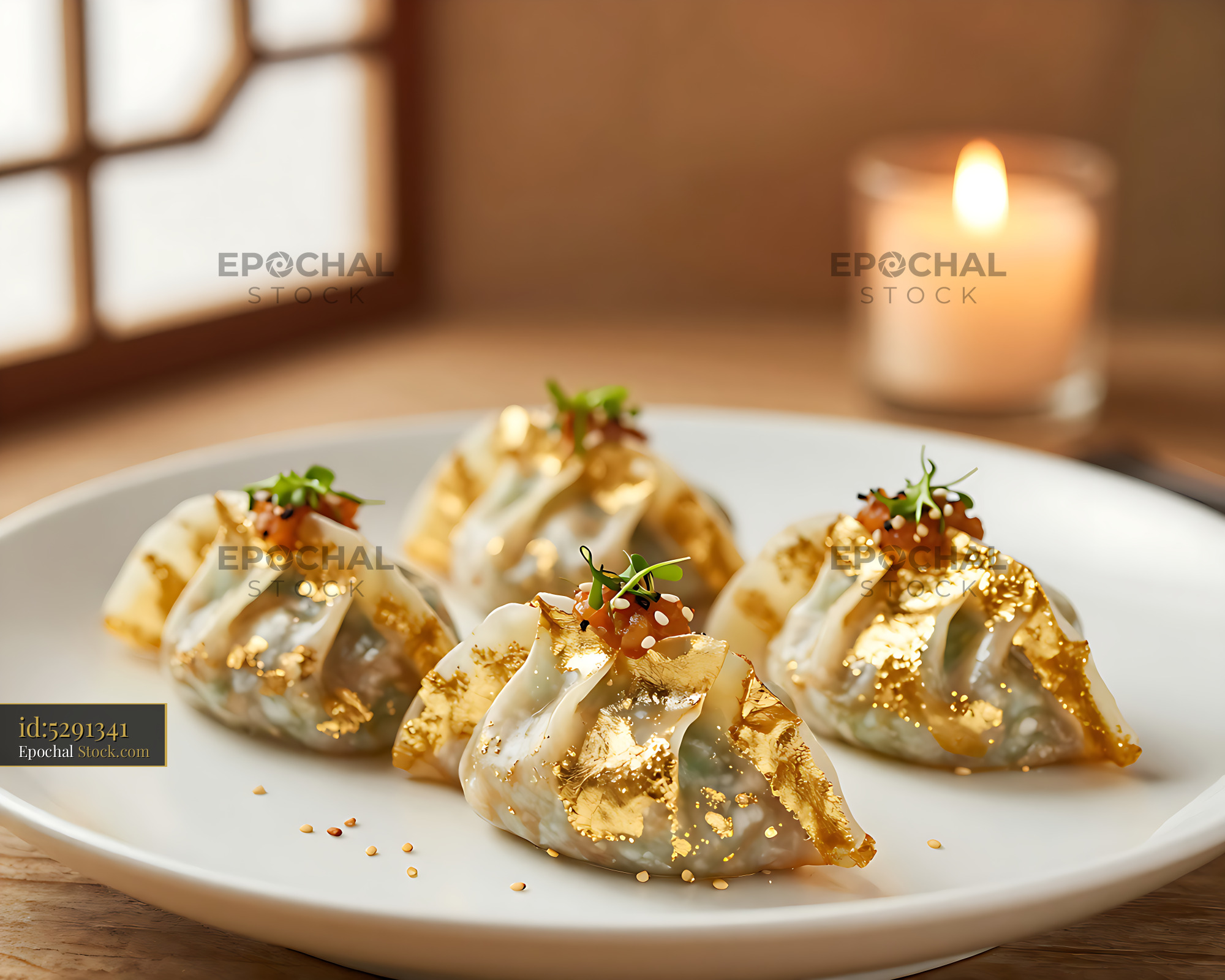 Luxury imperial beef dumplings with gold leaf in warm candlelight - stock photo