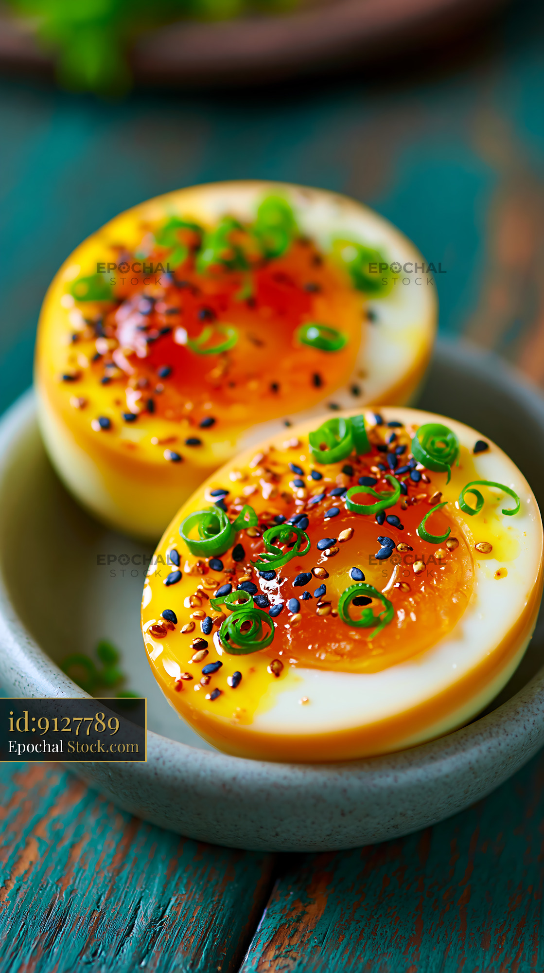 Marinated Japanese ramen eggs with jammy yolks and green onions - stock photo