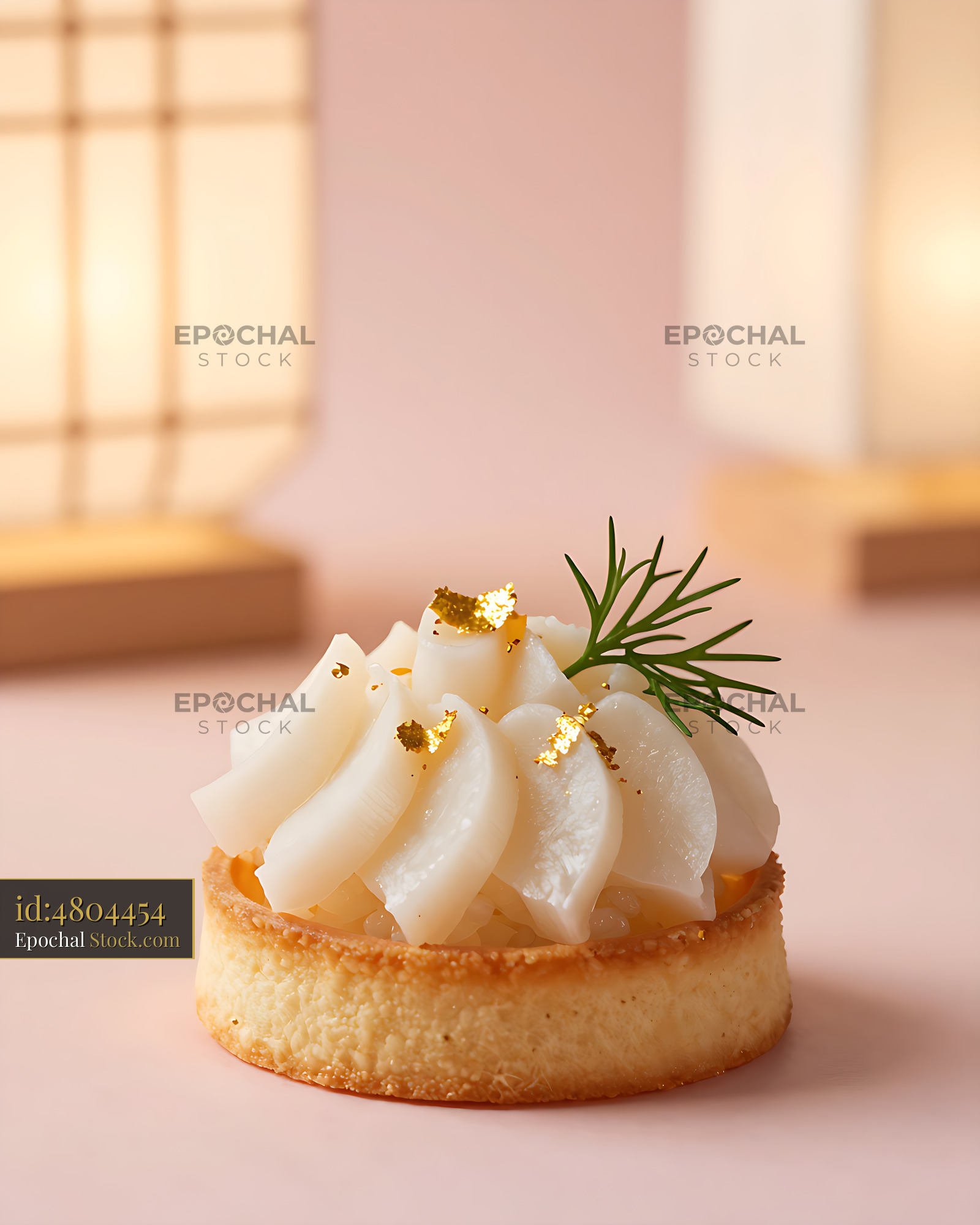 Gourmet tarte de sushi with fresh scallops and edible gold leaf - stock photo