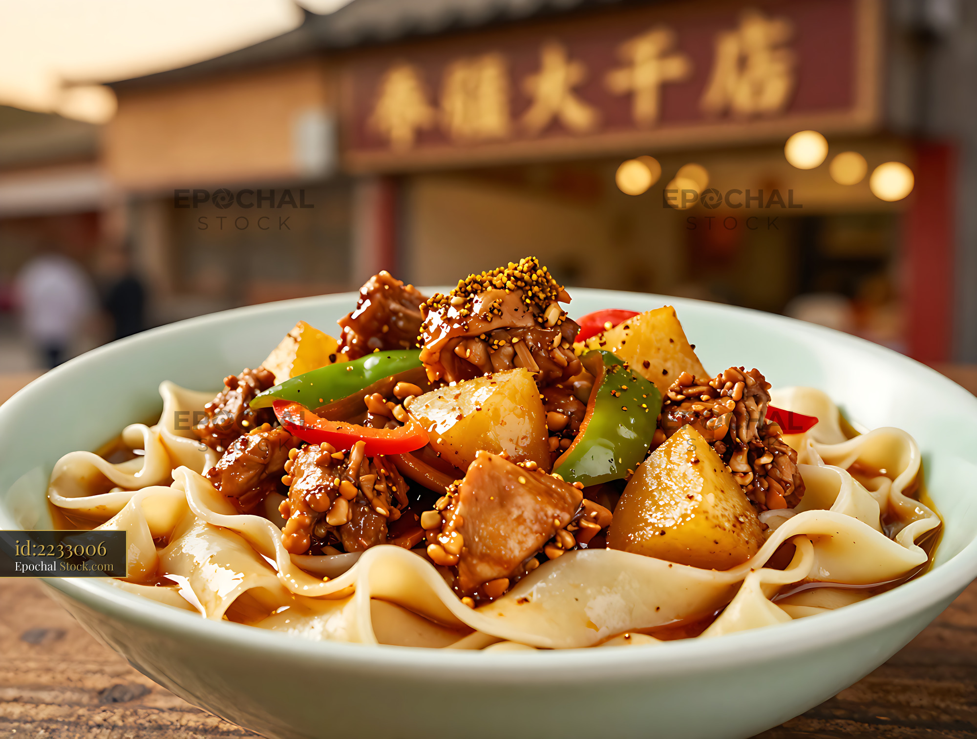 Xinjiang Da Pan Ji Mian with wide noodles and spicy chicken chunks - stock photo