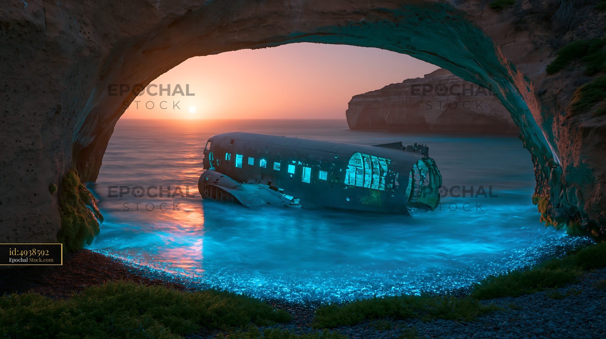 Wrecked vintage airplane fuselage in ocean under rock arch at sunset