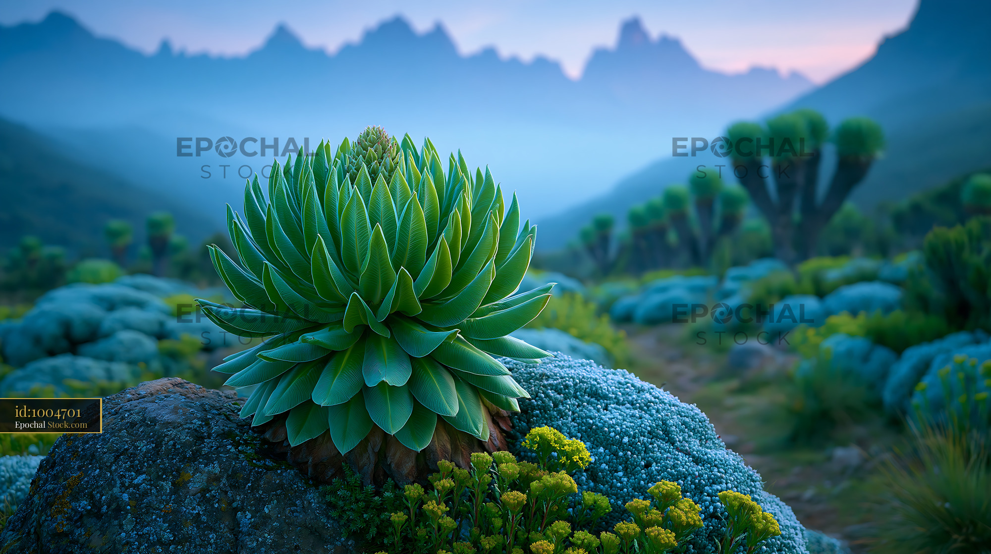 Giant lobelia plant in the Kilimanjaro alpine landscape at dawn - stock photo