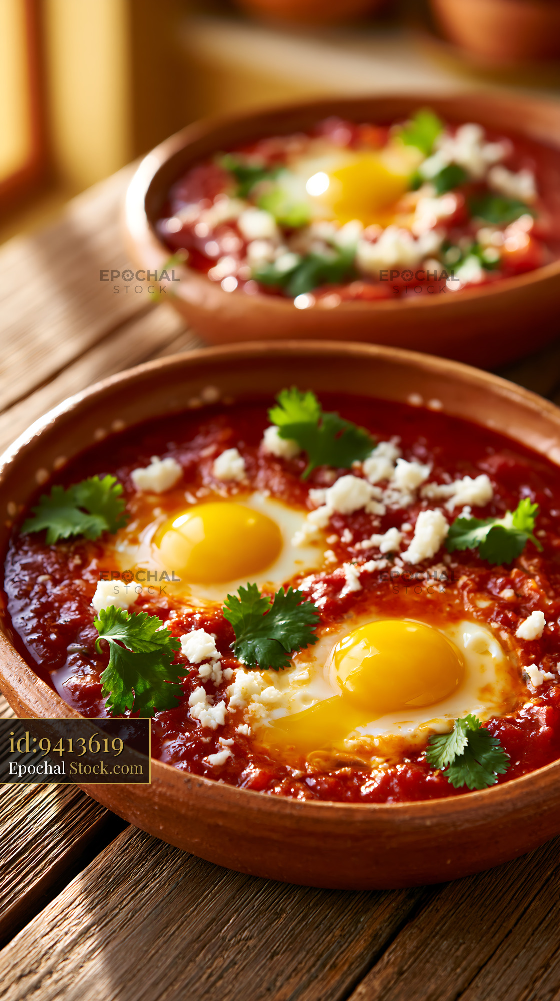 Huevos ahogados egg food in rustic clay bowls for breakfast - stock photo