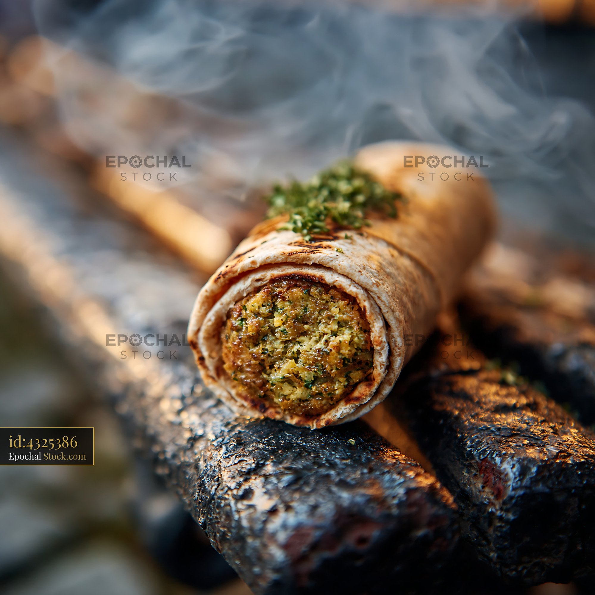 Steaming vegetarian wrap on a rustic wooden park bench at sunset - stock photo