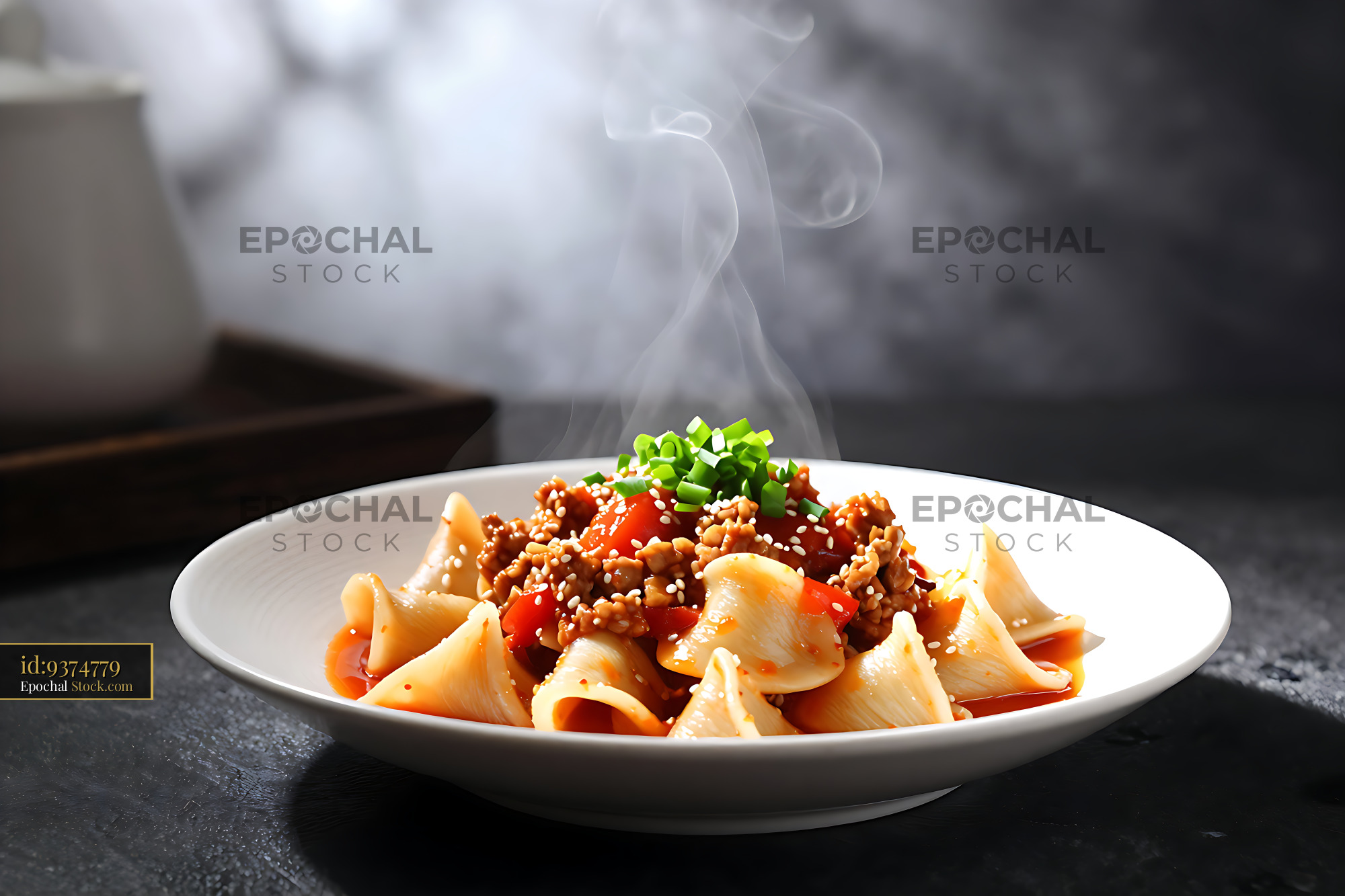 Steaming bowl of Shanxi Mao Er Duo cat ear noodles with savory sauce - stock photo