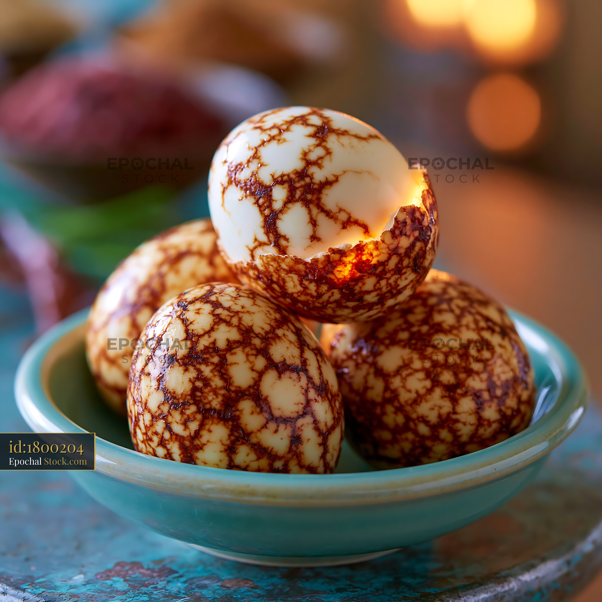 Chinese marbled tea eggs in a turquoise bowl with warm lighting - stock photo