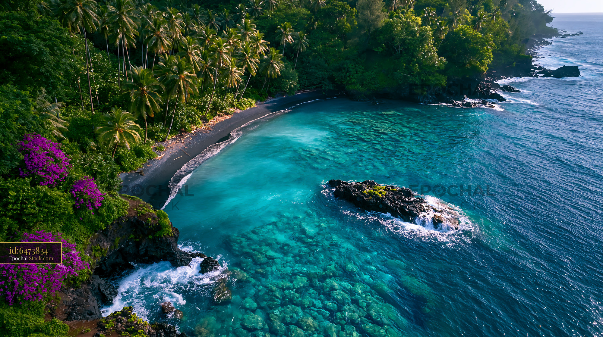 Aerial view of a secluded black sand beach on the Marquesas Islands - stock photo