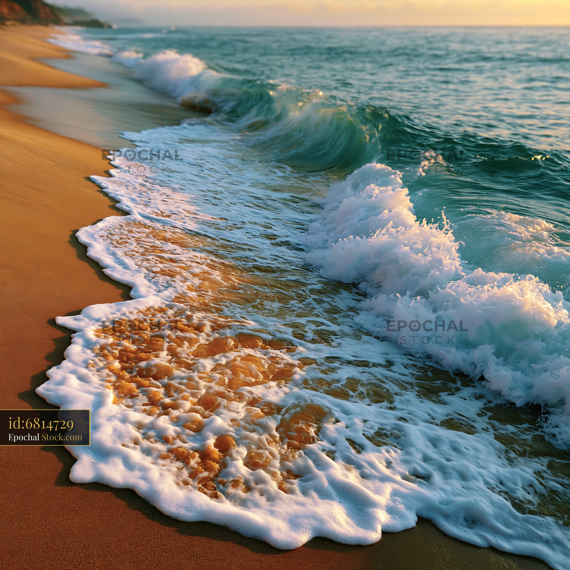 Ocean waves with storm whitecaps breaking on sandy beach at sunset - stock photo