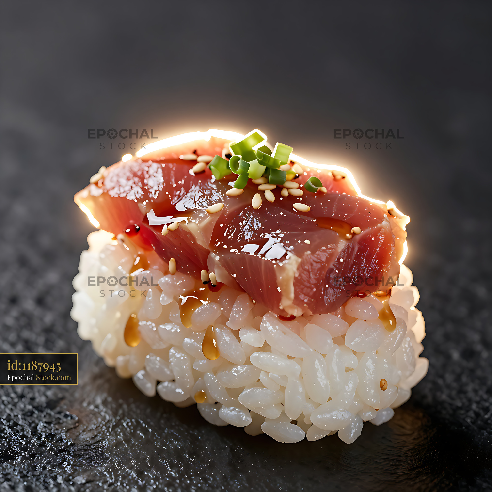 Fresh Negitoro Hosomaki sushi with tuna and scallions on dark stone - stock photo