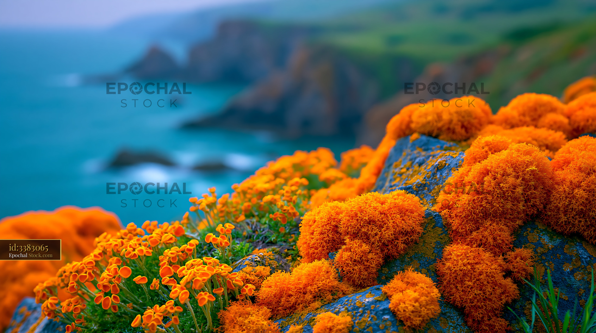 Vibrant orange lichen and coastal flowers on a cliff overlook bay - stock photo