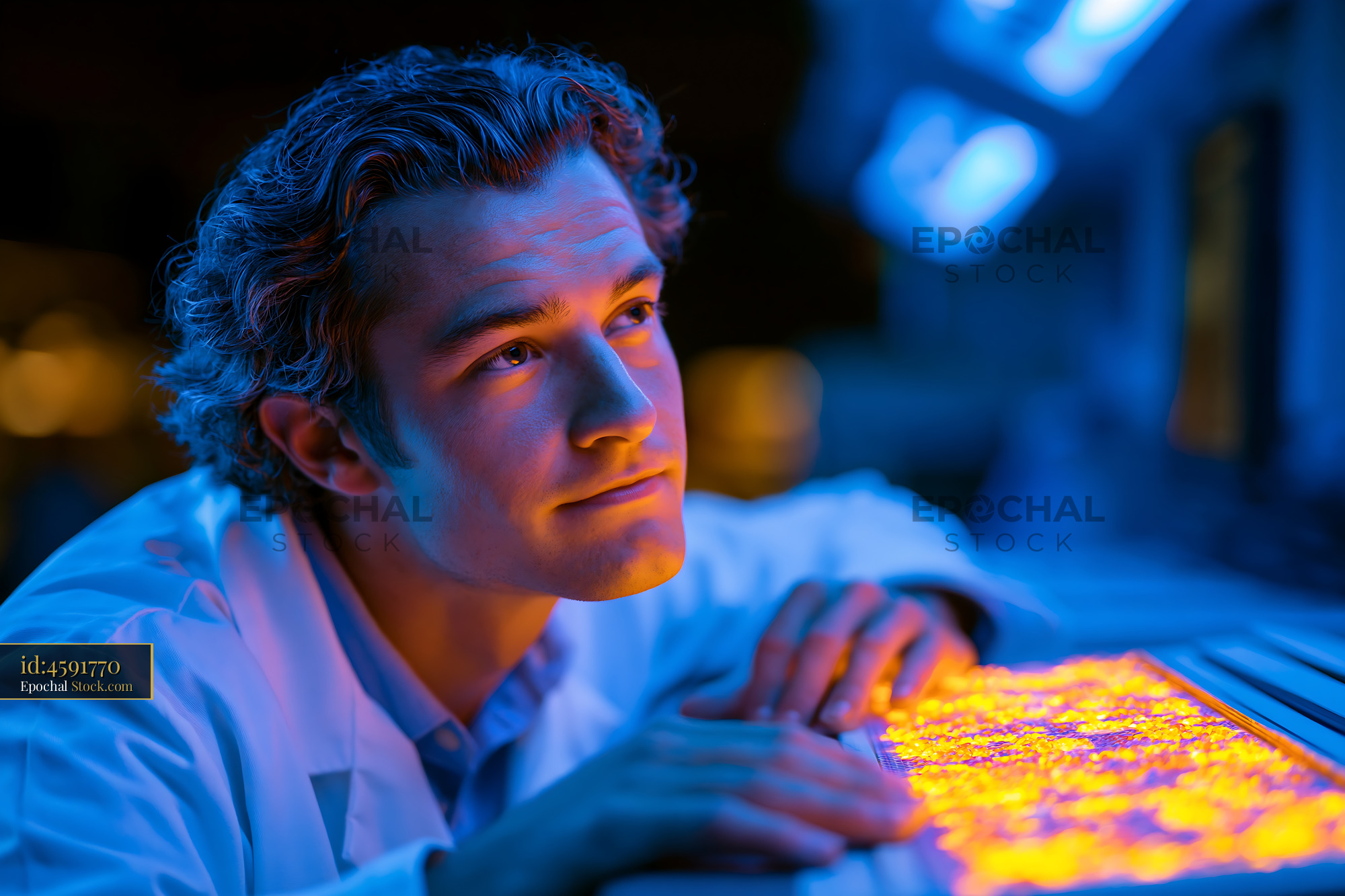 Young male researcher examining copper his tag chelate spa beads - stock photo
