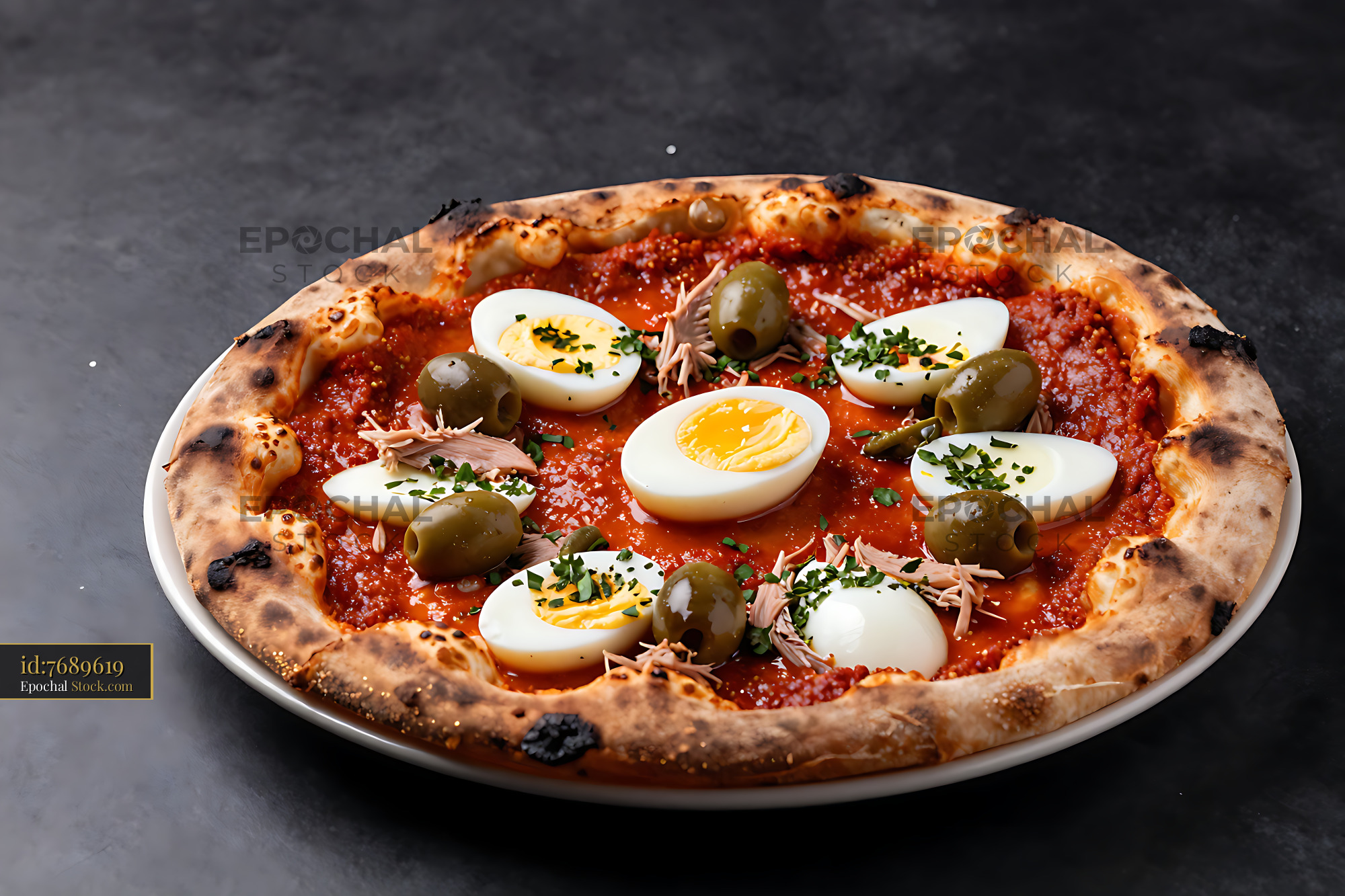 Tunisian pizza with harissa, tuna, boiled eggs and green olives - stock photo