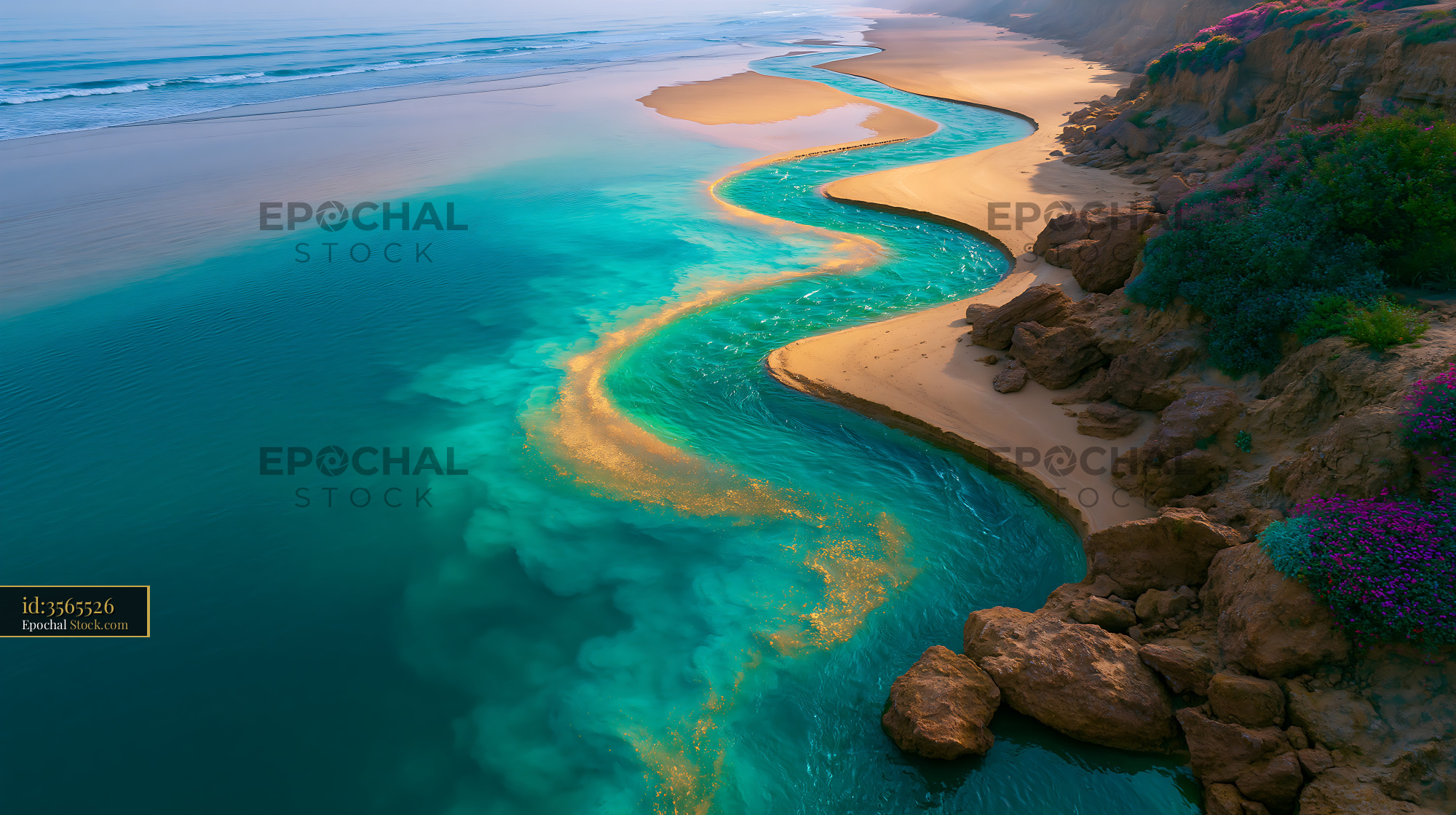 Aerial view of a winding turquoise river delta meeting the ocean - stock photo