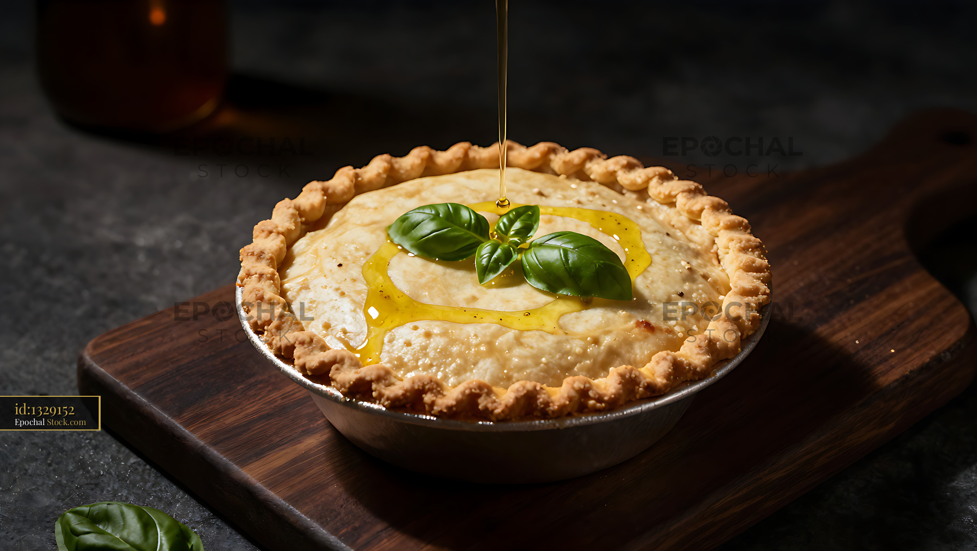Freshly baked Colorado mountain pie with honey drizzle and basil - stock photo
