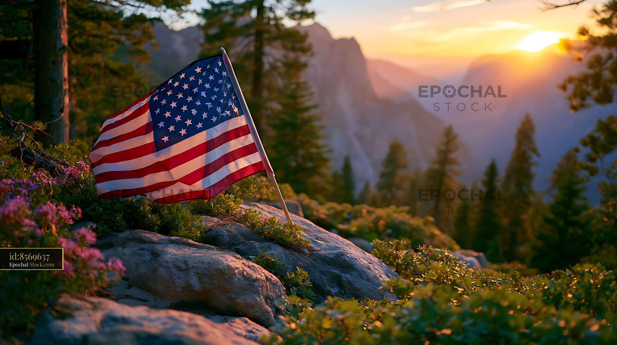 American flag on a rocky mountain peak in Yosemite during sunset - stock photo