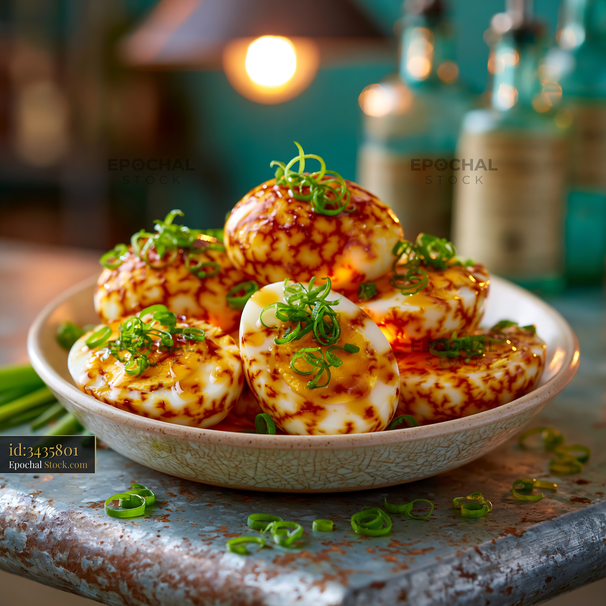Traditional Chinese marbled tea eggs with scallions in a rustic bowl - stock photo