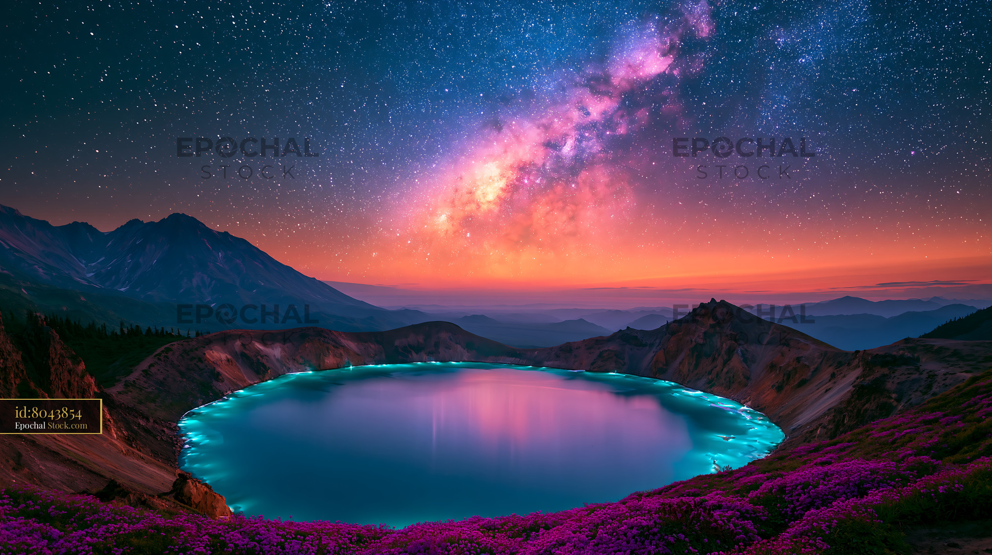 Vibrant Milky Way over volcanic crater lake in Kamchatka at night - stock photo