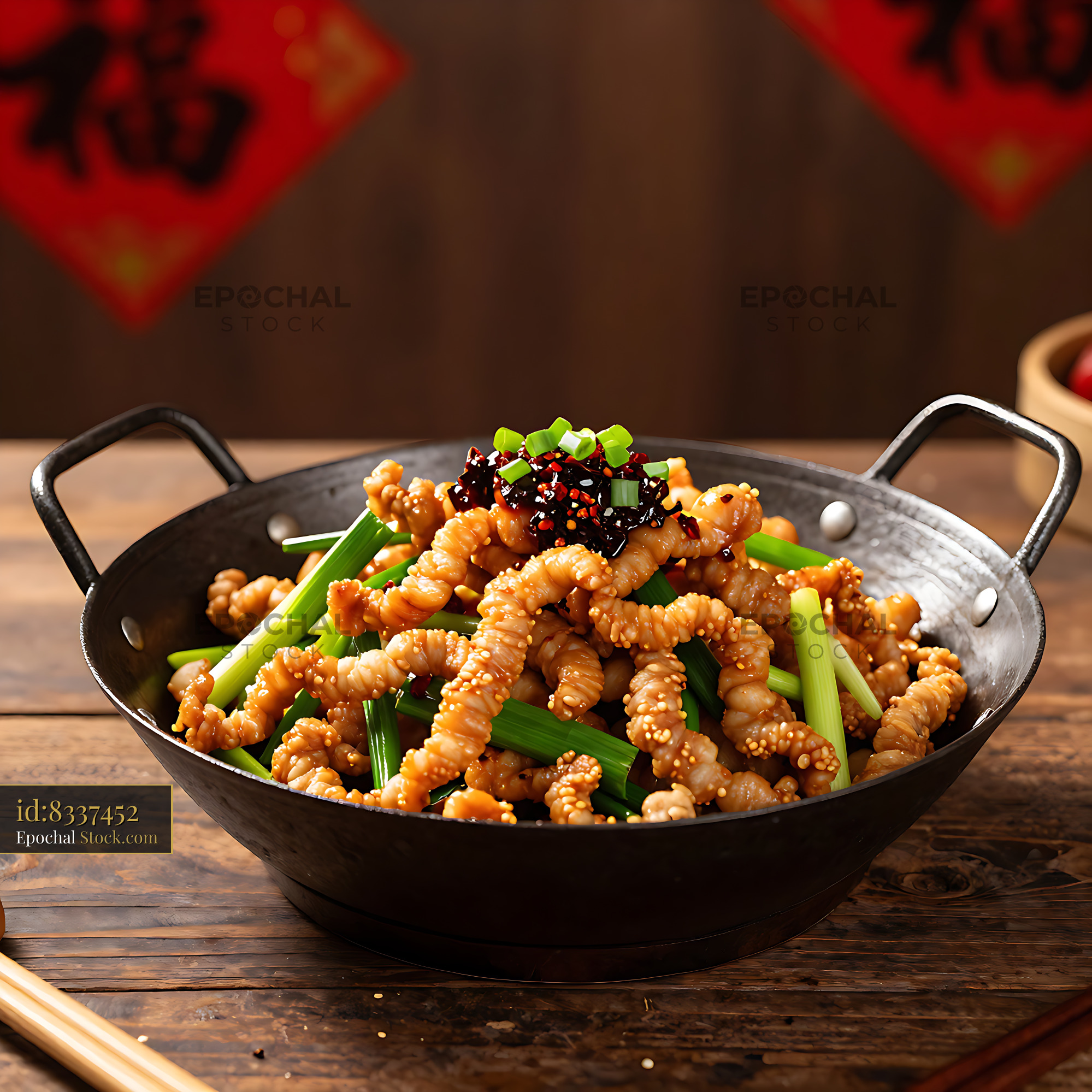 Traditional Sichuan Hui Guo Rou served in a black wok on wood table - stock photo