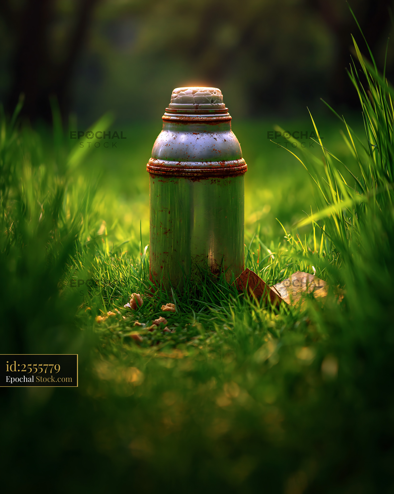 Rusty vintage thermos standing in a sunlit meadow at golden hour