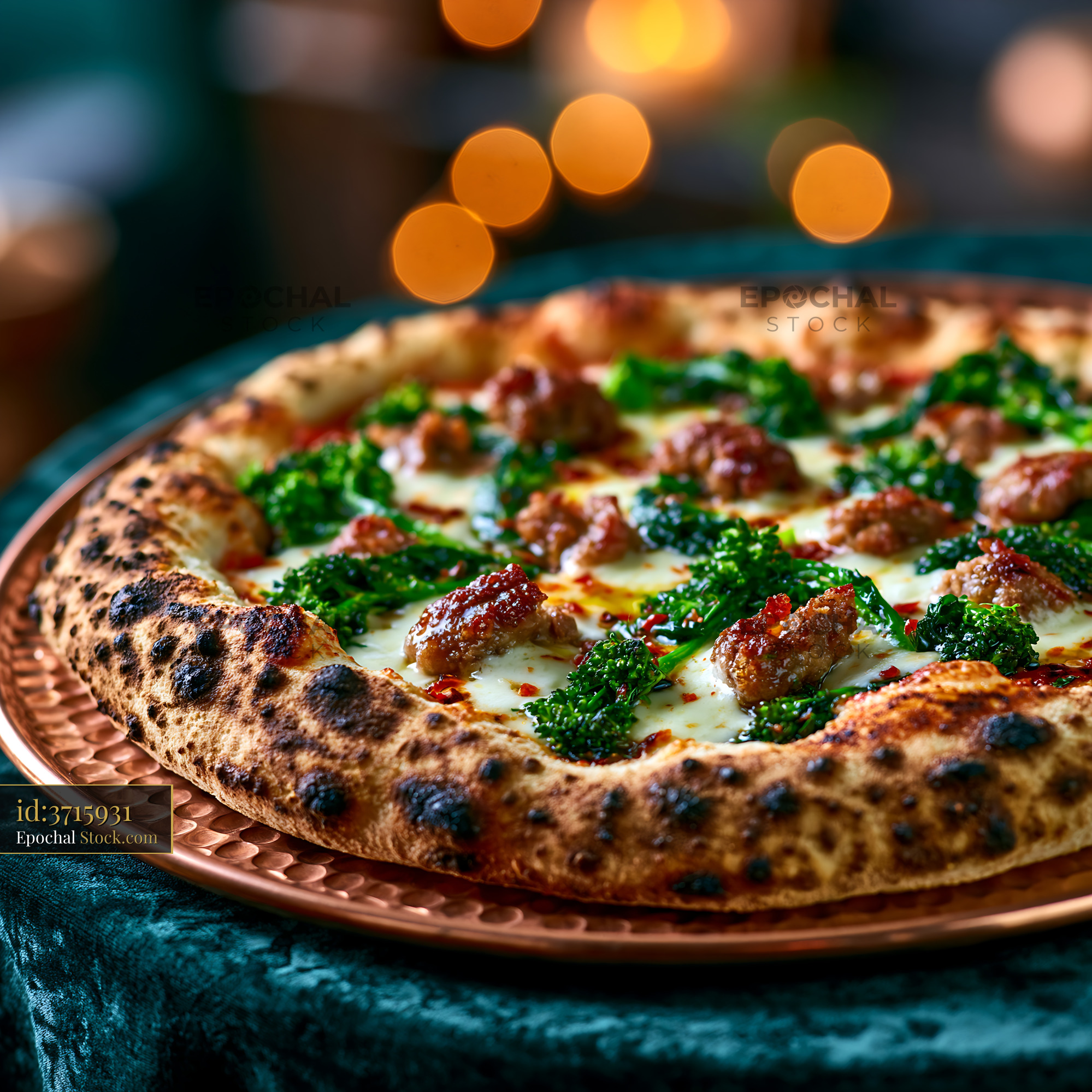 Artisanal friarielli sausage pizza with charred crust on copper tray - stock photo