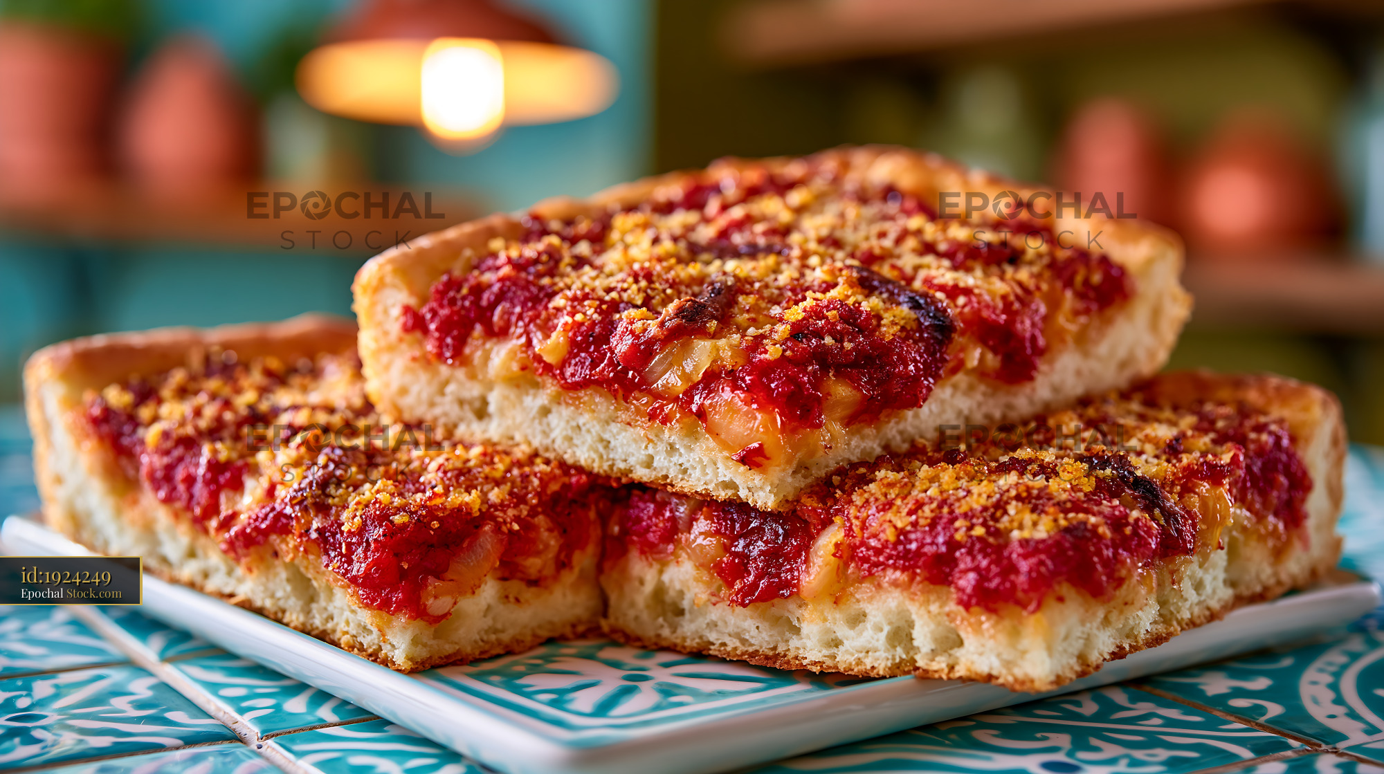 Slices of authentic sfincione pizza with tomato and breadcrumbs - stock photo