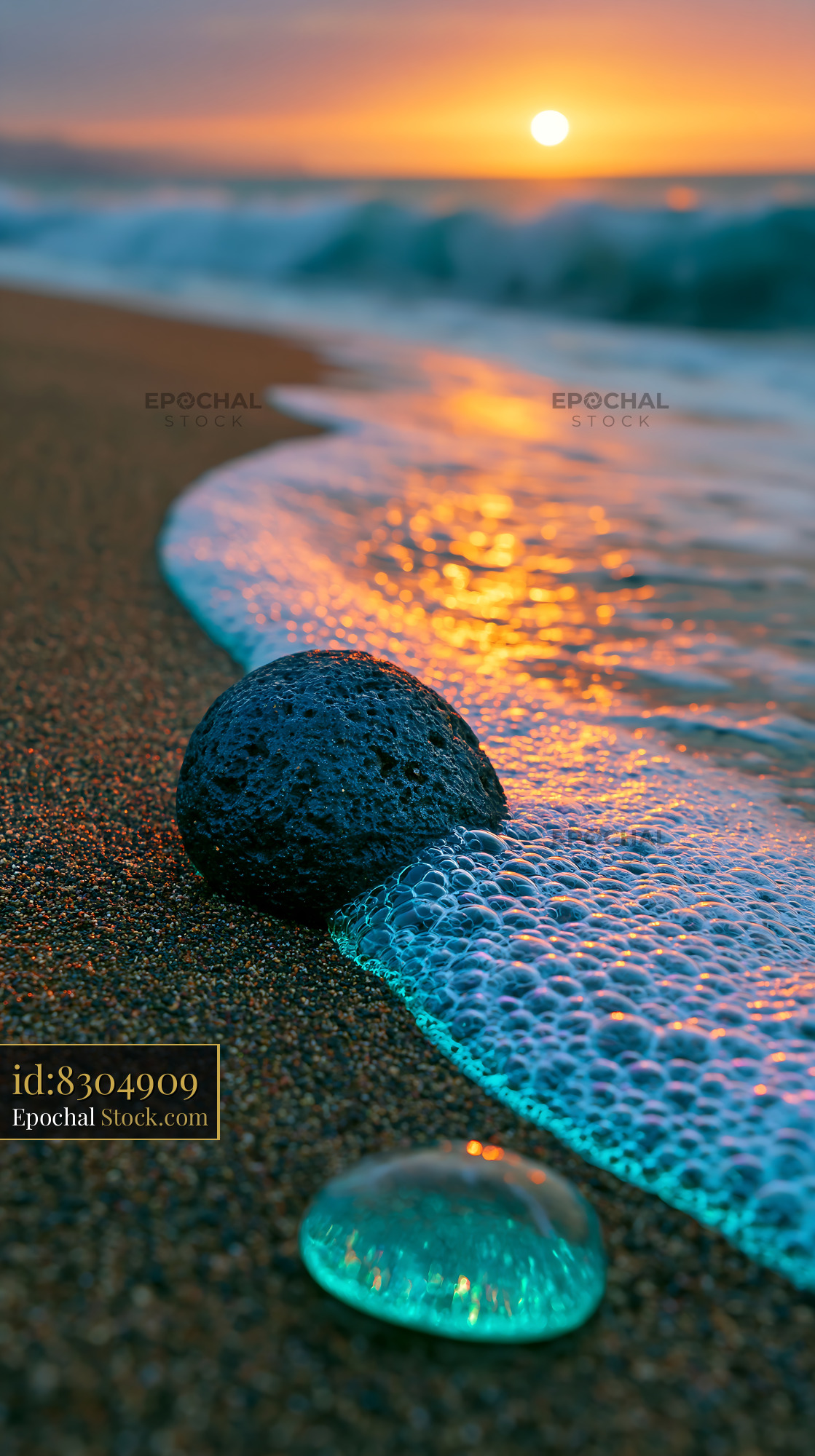 Black lava rock on Stromboli shore with turquoise waves at sunset - stock photo