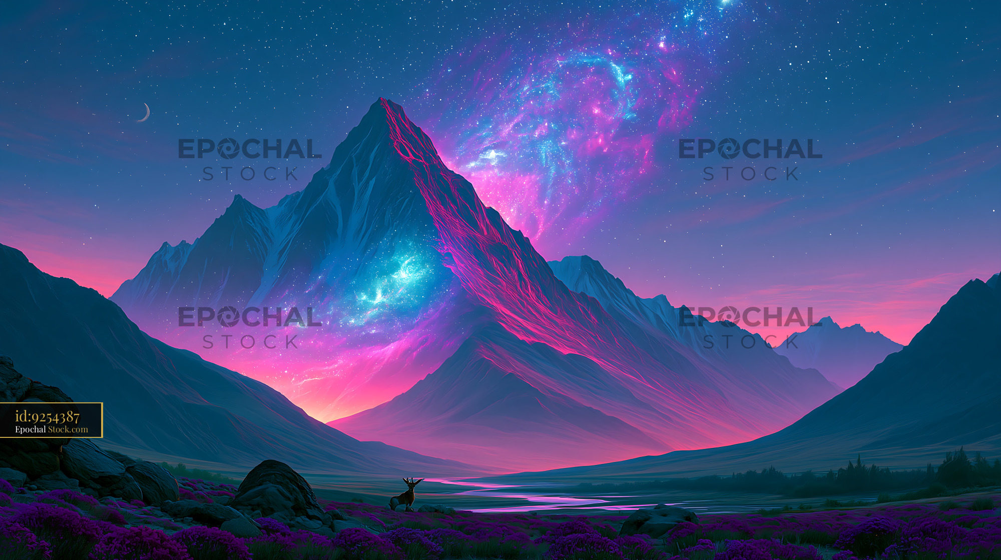 Fantasy mountain landscape with nebula and flaming cliffs at night - stock photo
