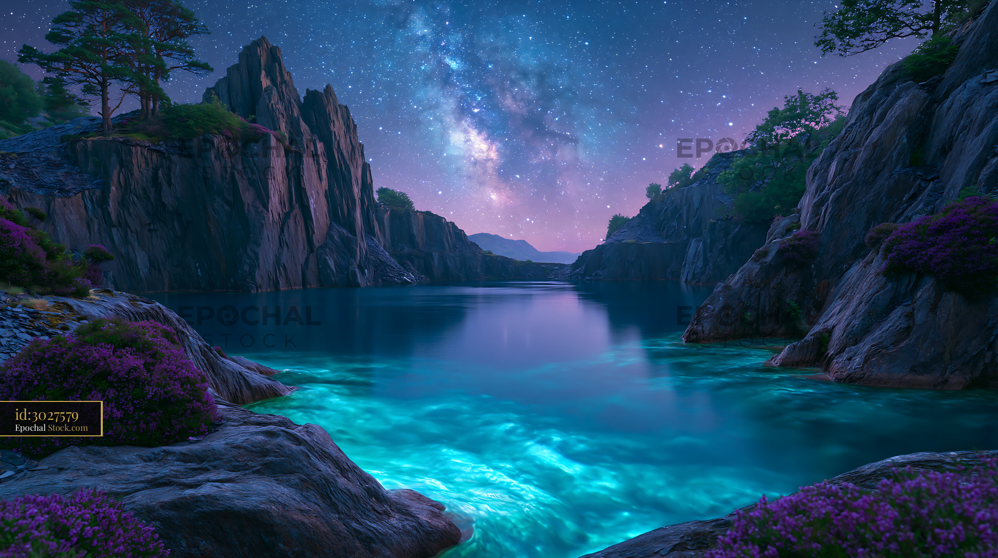 Starry night sky over a serene slate quarry lake with heather - stock photo
