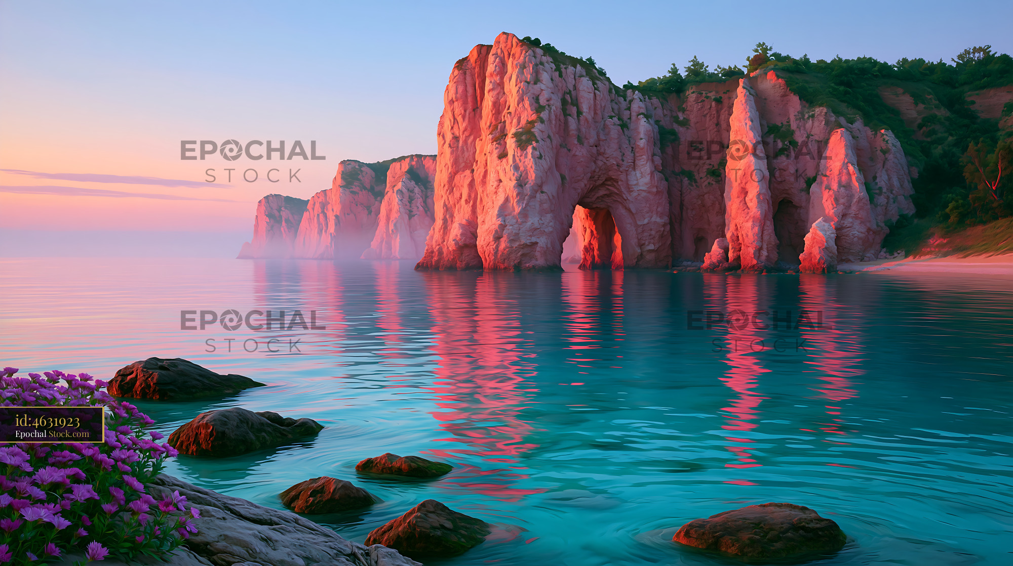 Pink cliff coast with natural stone arch at sunset over calm sea - stock photo