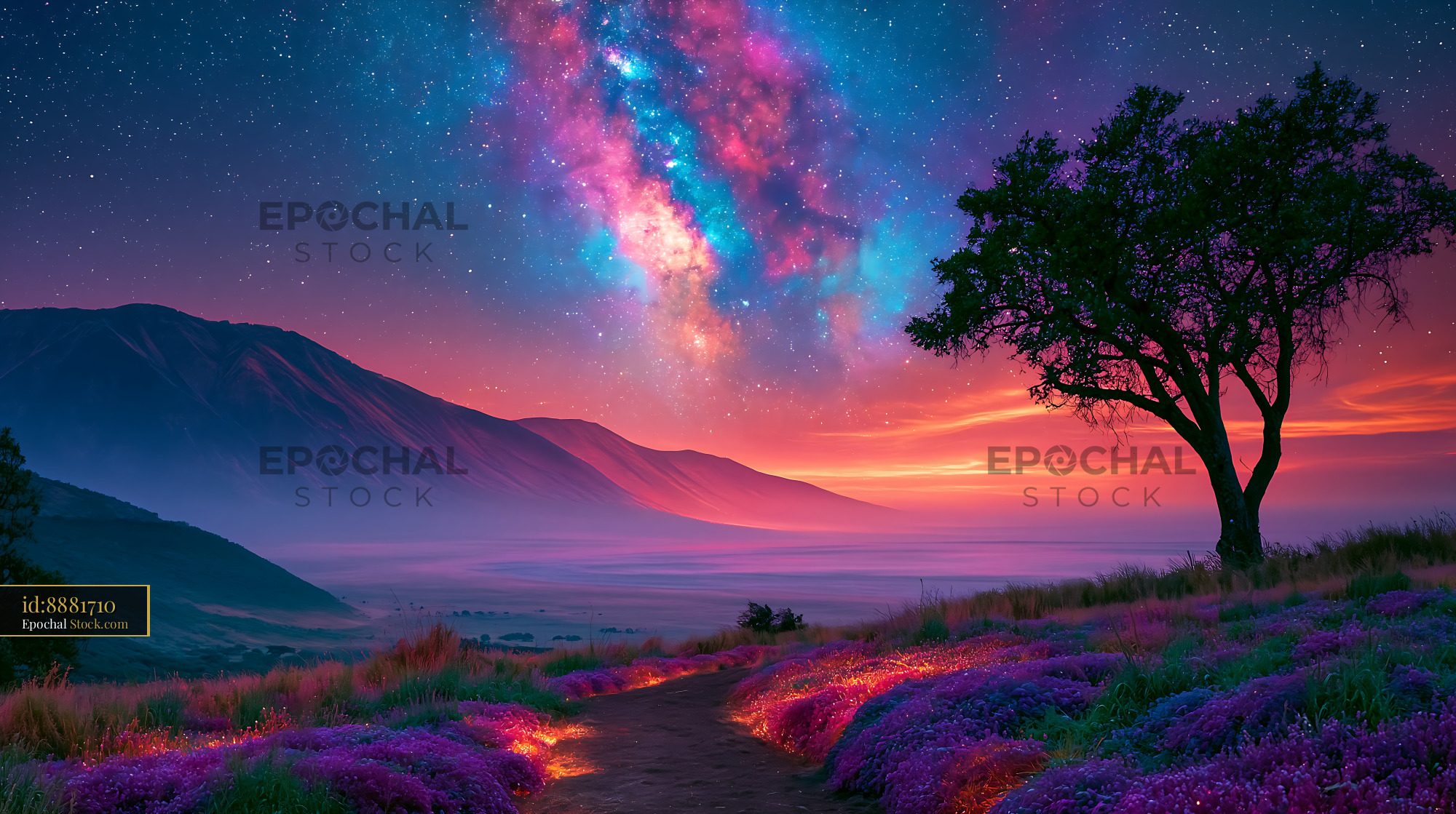 Kilimanjaro night landscape with vibrant Milky Way and lone tree - stock photo