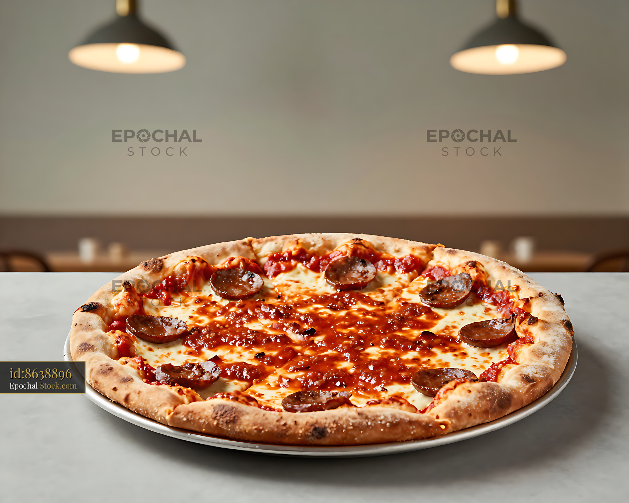 Whole Quad City style pizza with spicy sauce and sausage toppings - stock photo