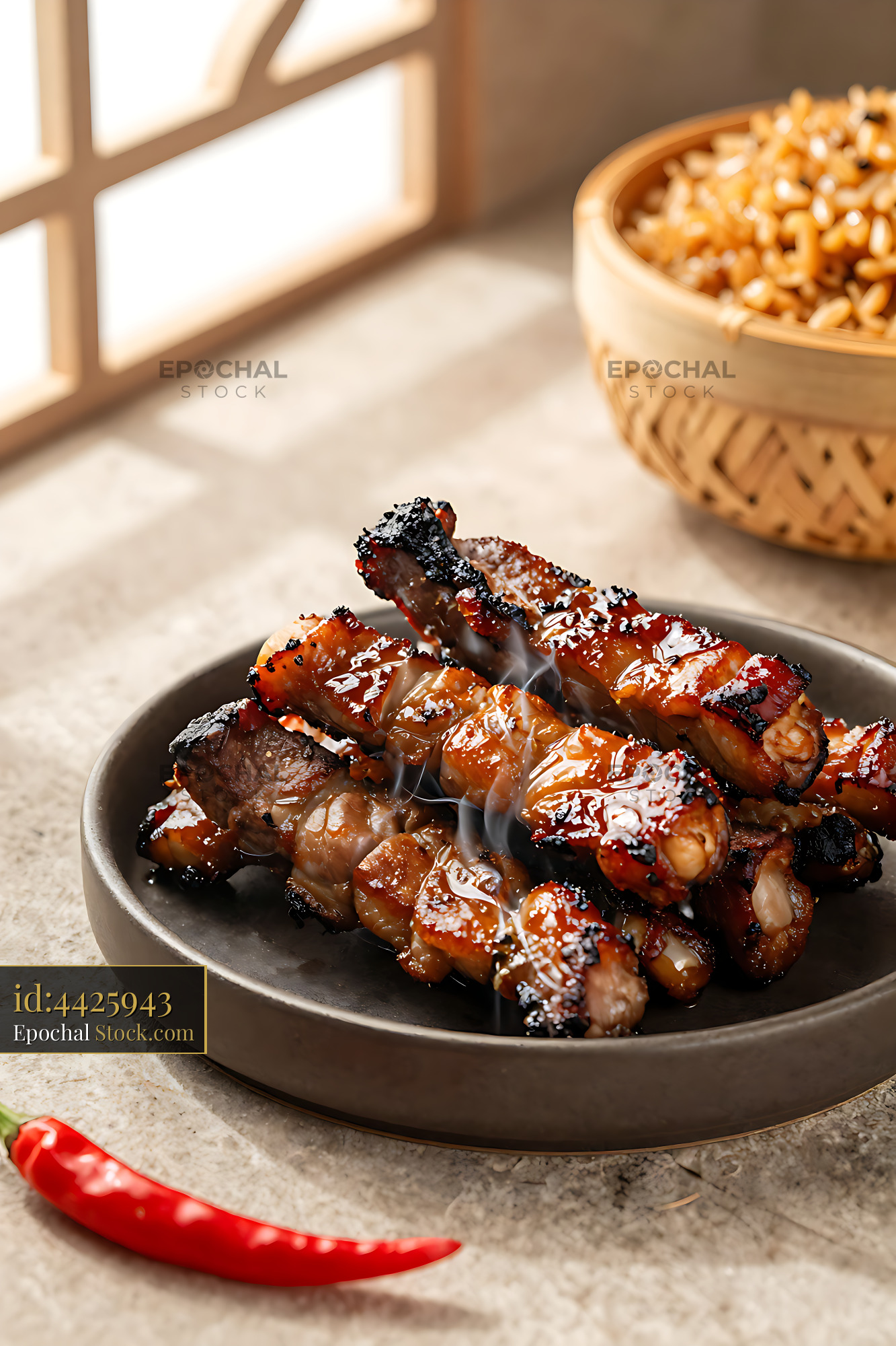 Grilled Isan moo yang pork skewers with sticky rice and red chili - stock photo