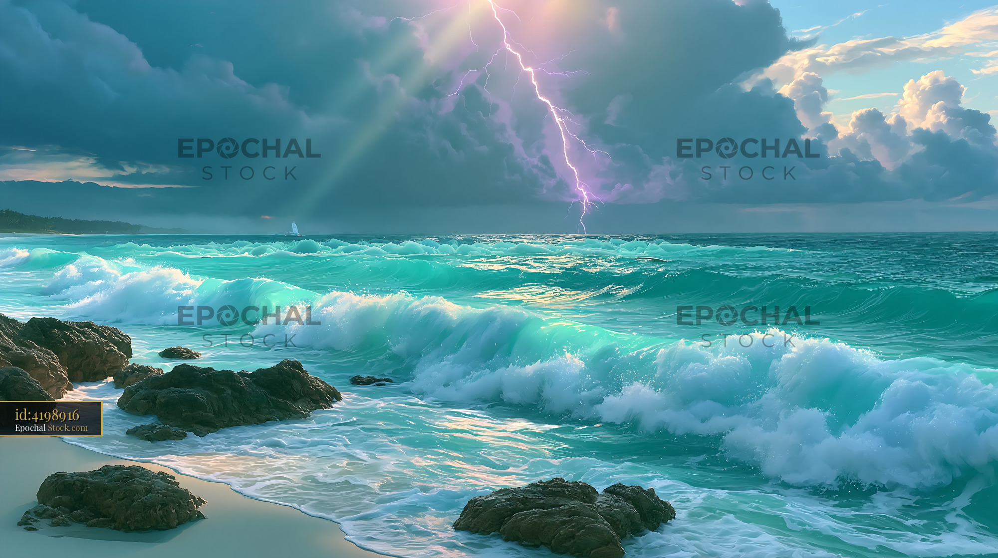 Dramatic lightning strike over turquoise sunrise wave on tropical beac - stock photo