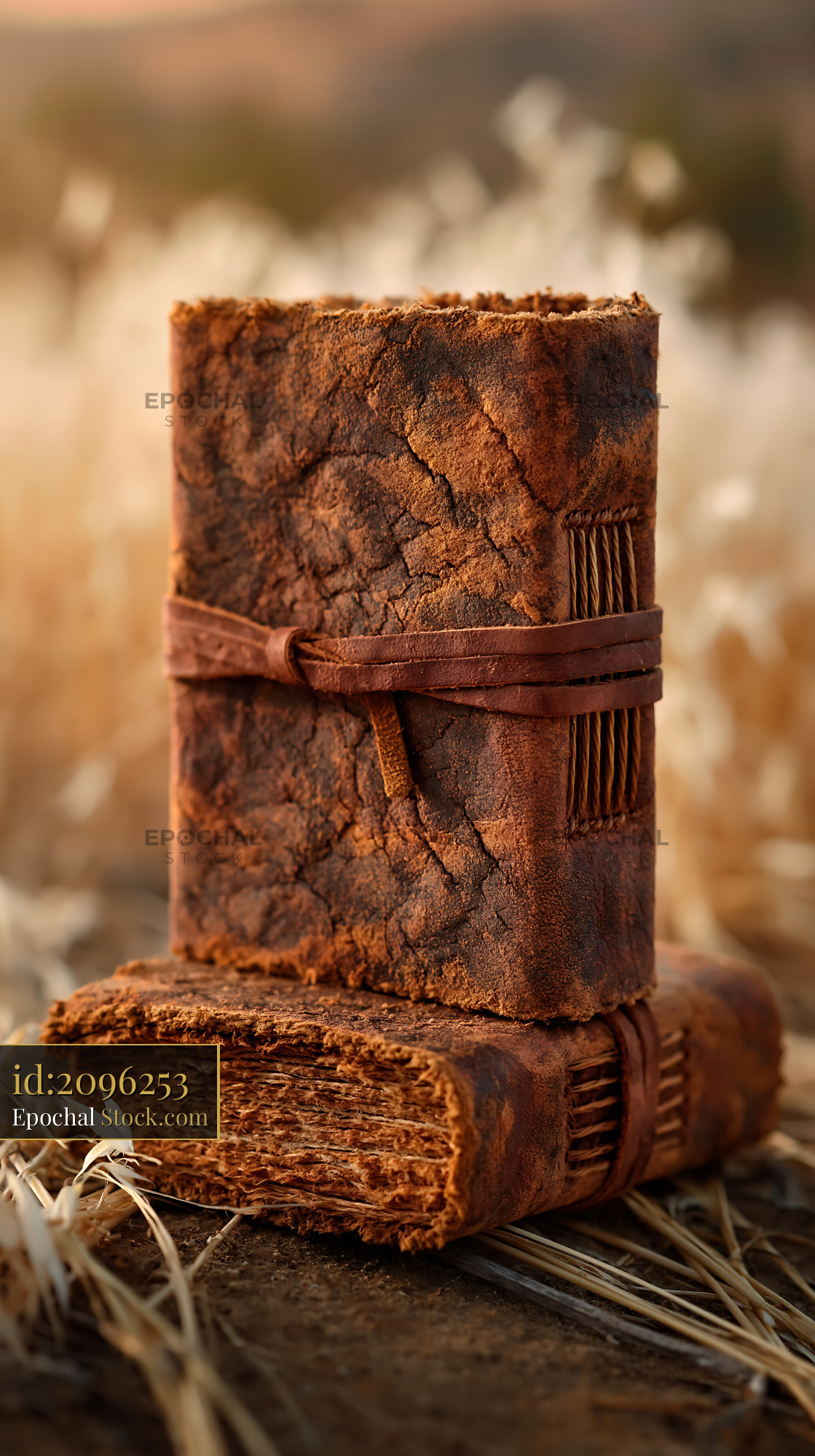 Vintage handmade leather journals stacked on a sunlit meadow floor - stock photo