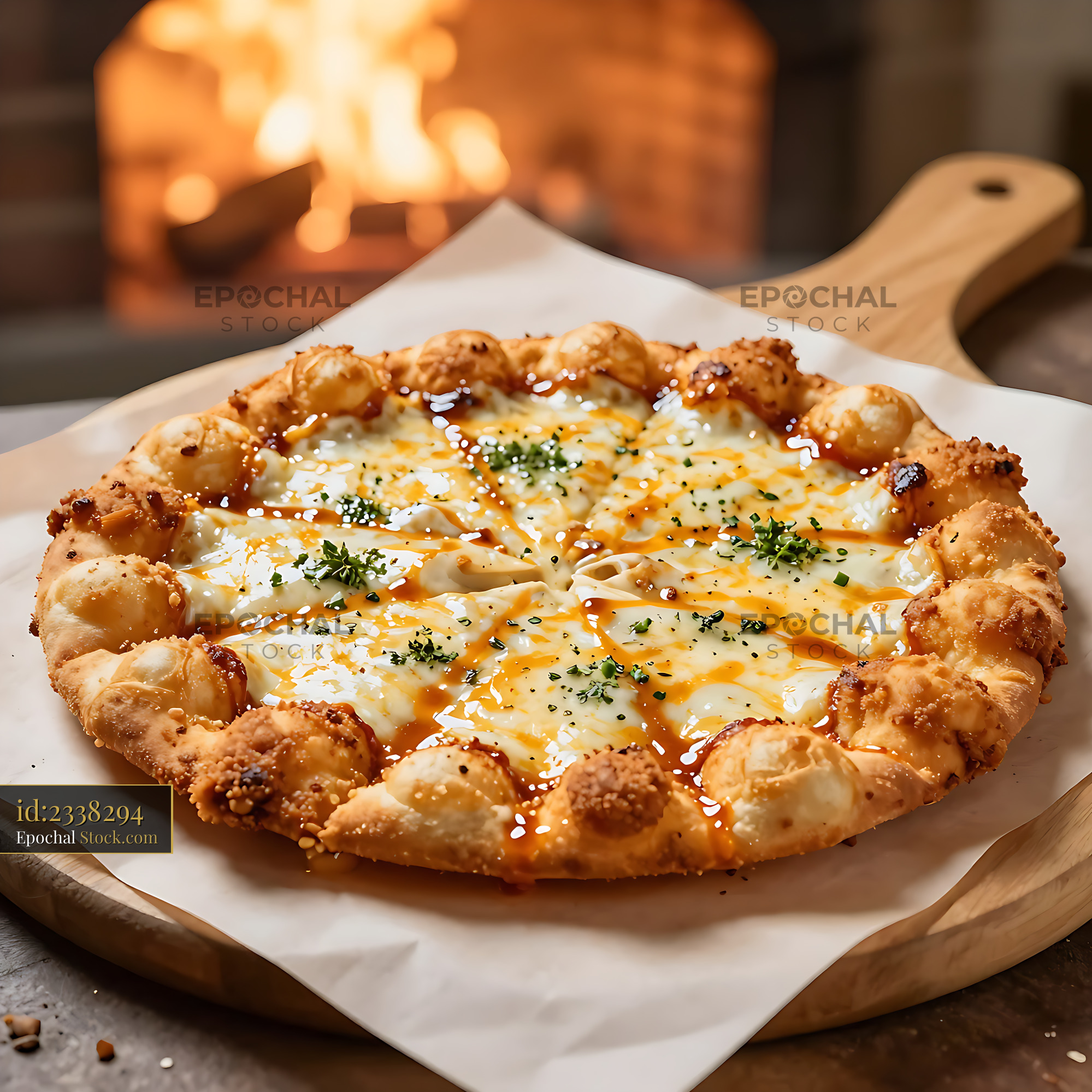 Freshly baked Cuban pizza frita habanera on a wooden peel - stock photo