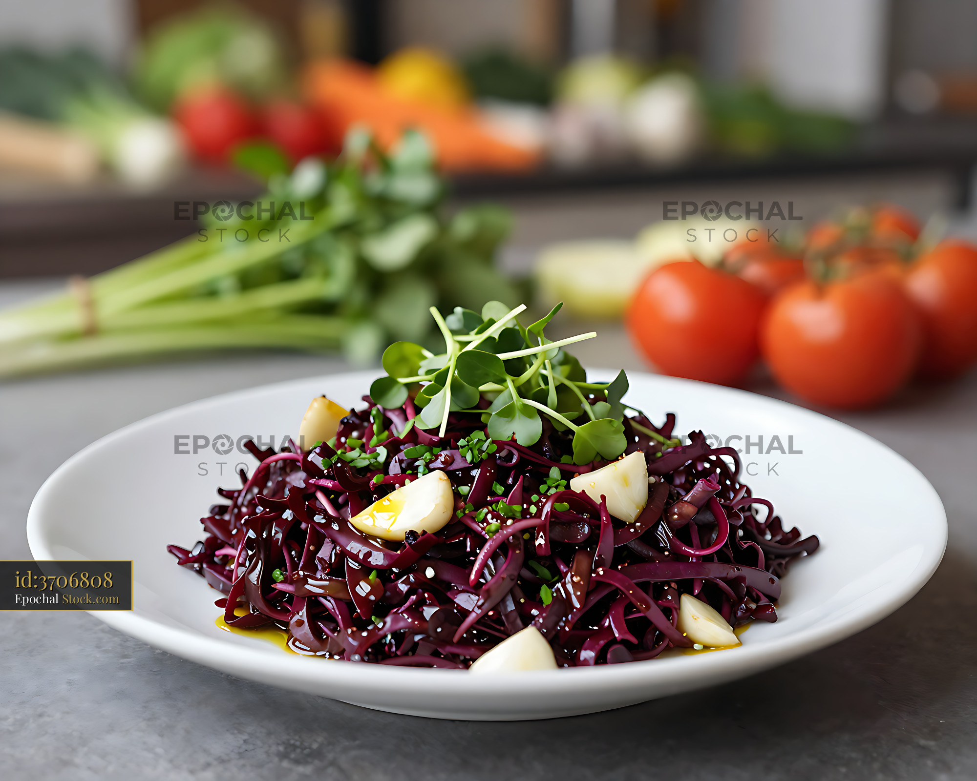 Bulgarian lyutenitsa spread salad topped with fresh microgreens - stock photo