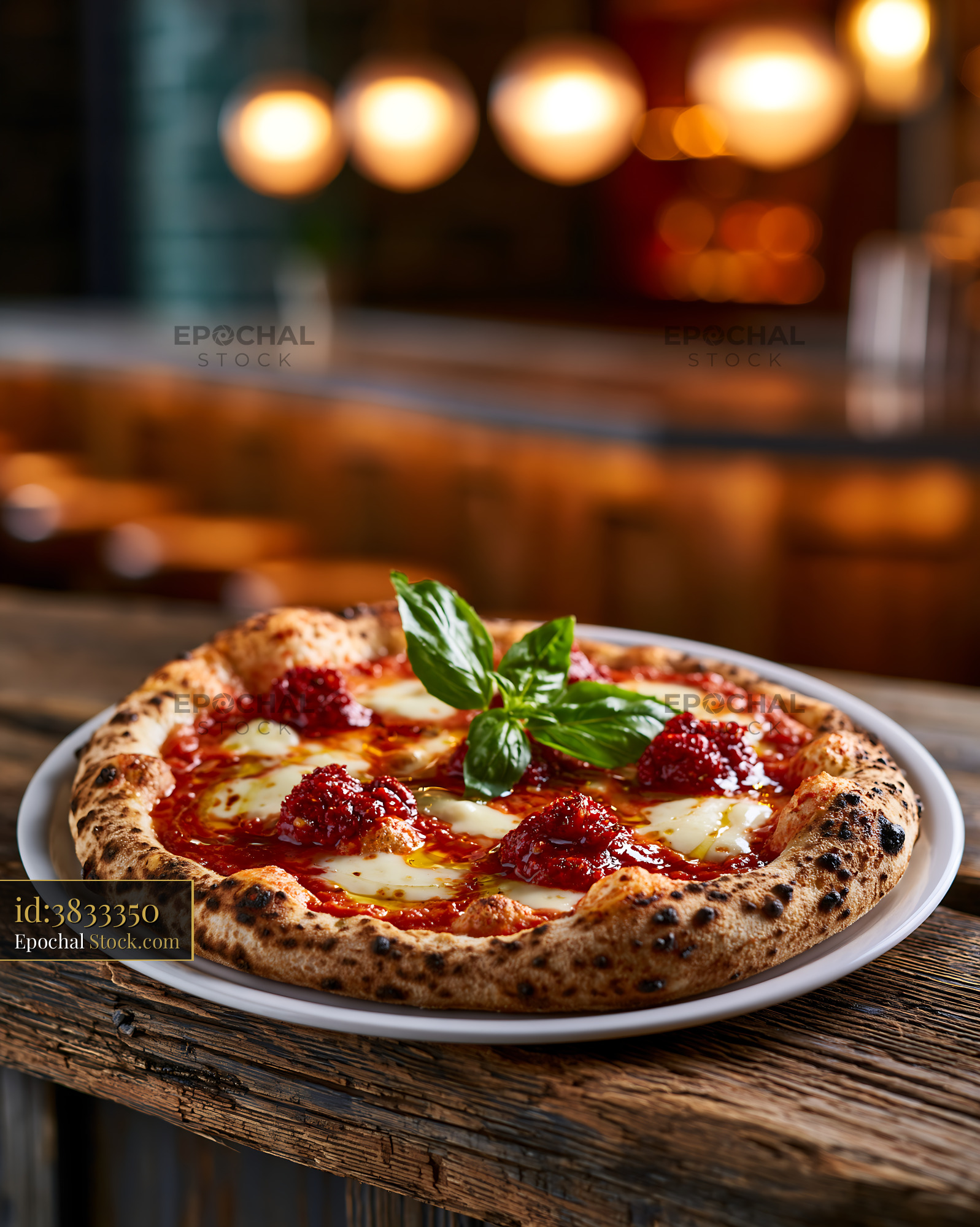 Freshly baked nduja calabrese pizza with melted mozzarella and basil - stock photo