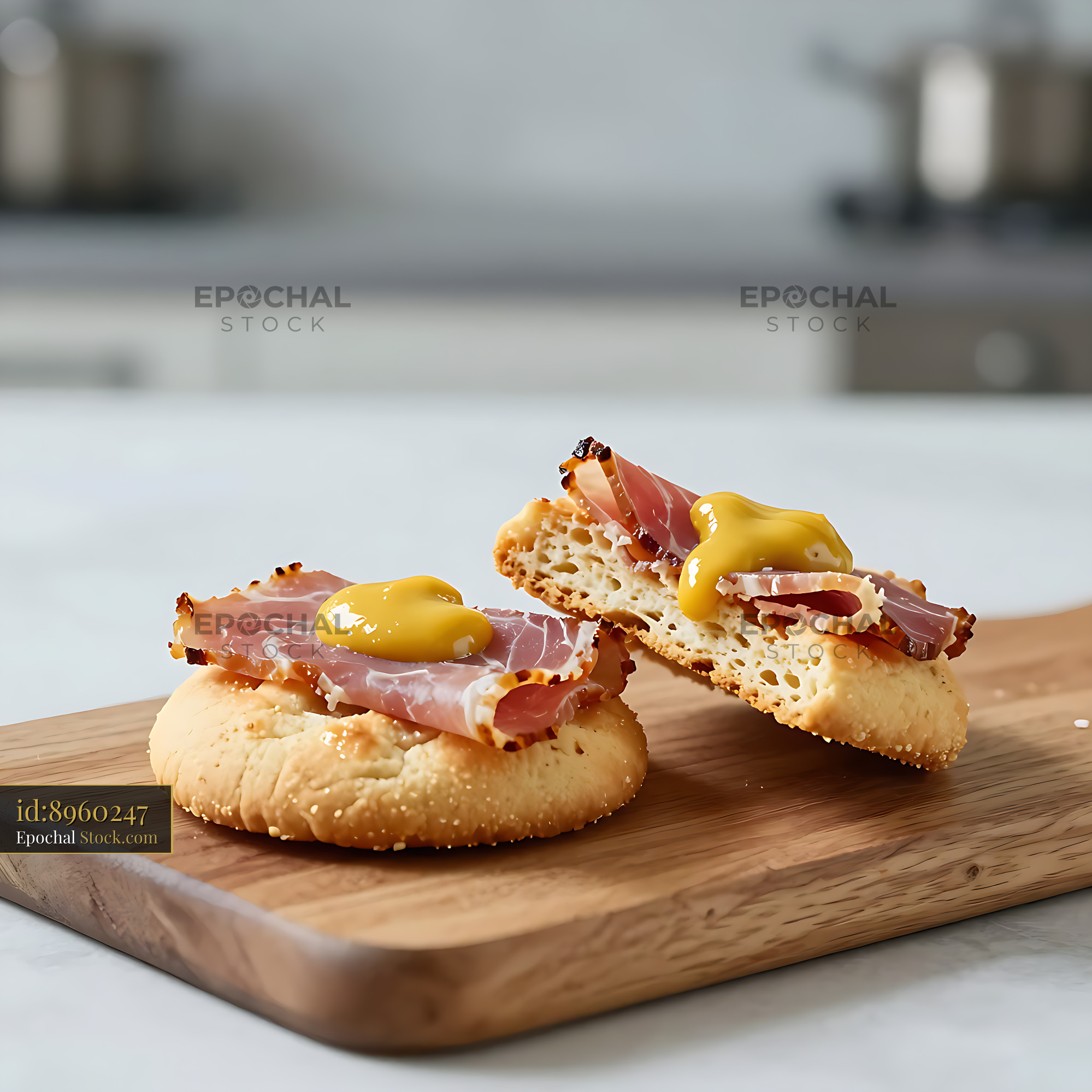 Country ham biscuits with yellow mustard on a wooden cutting board - stock photo