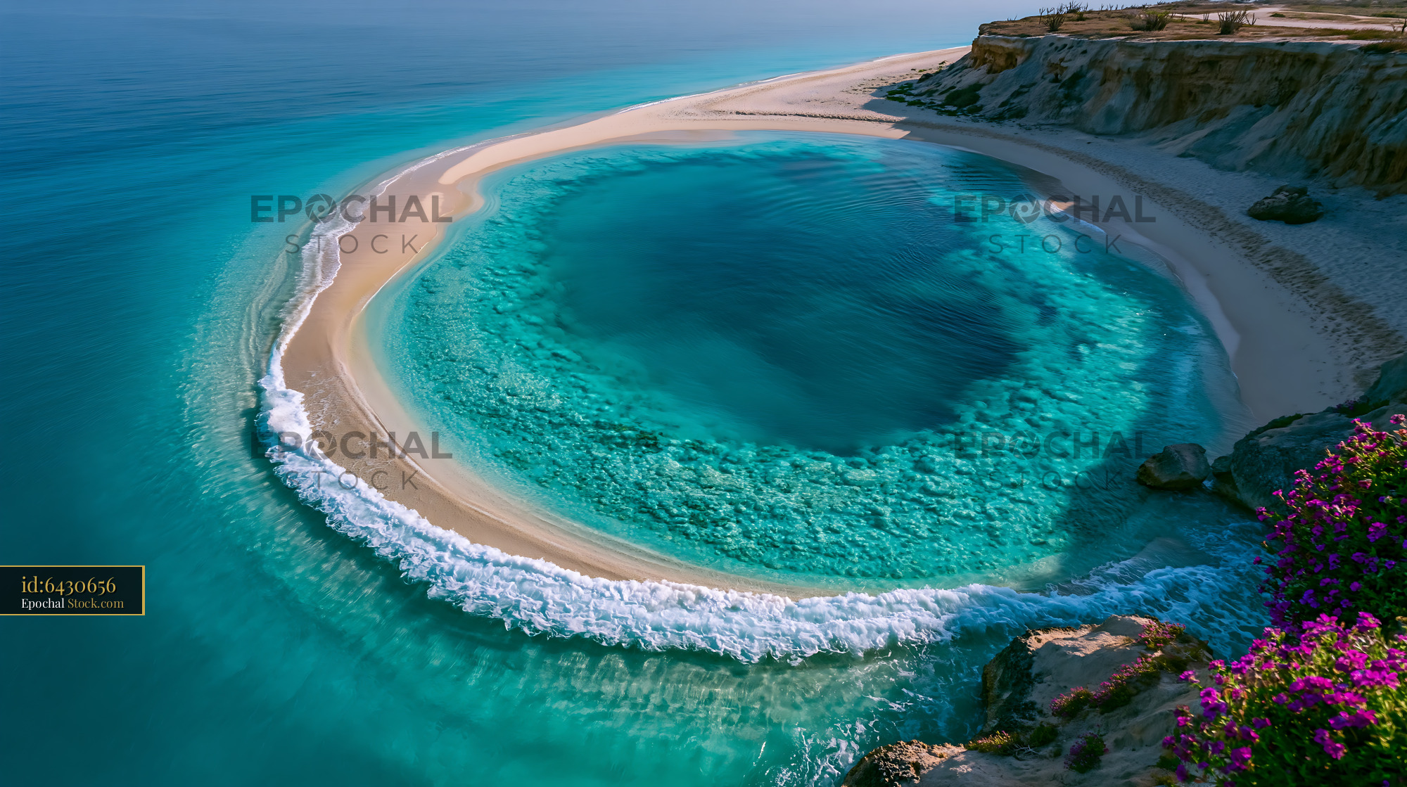 Aerial view of a turquoise crescent lagoon with white sand beach - stock photo