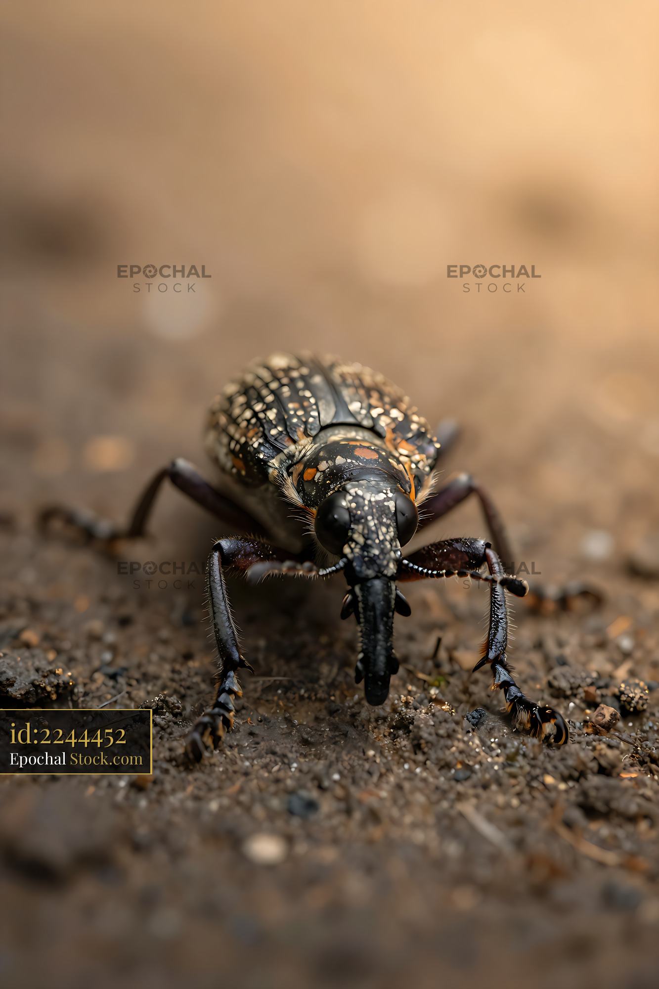 Giant fungus weevil on dark soil during golden hour - stock photo