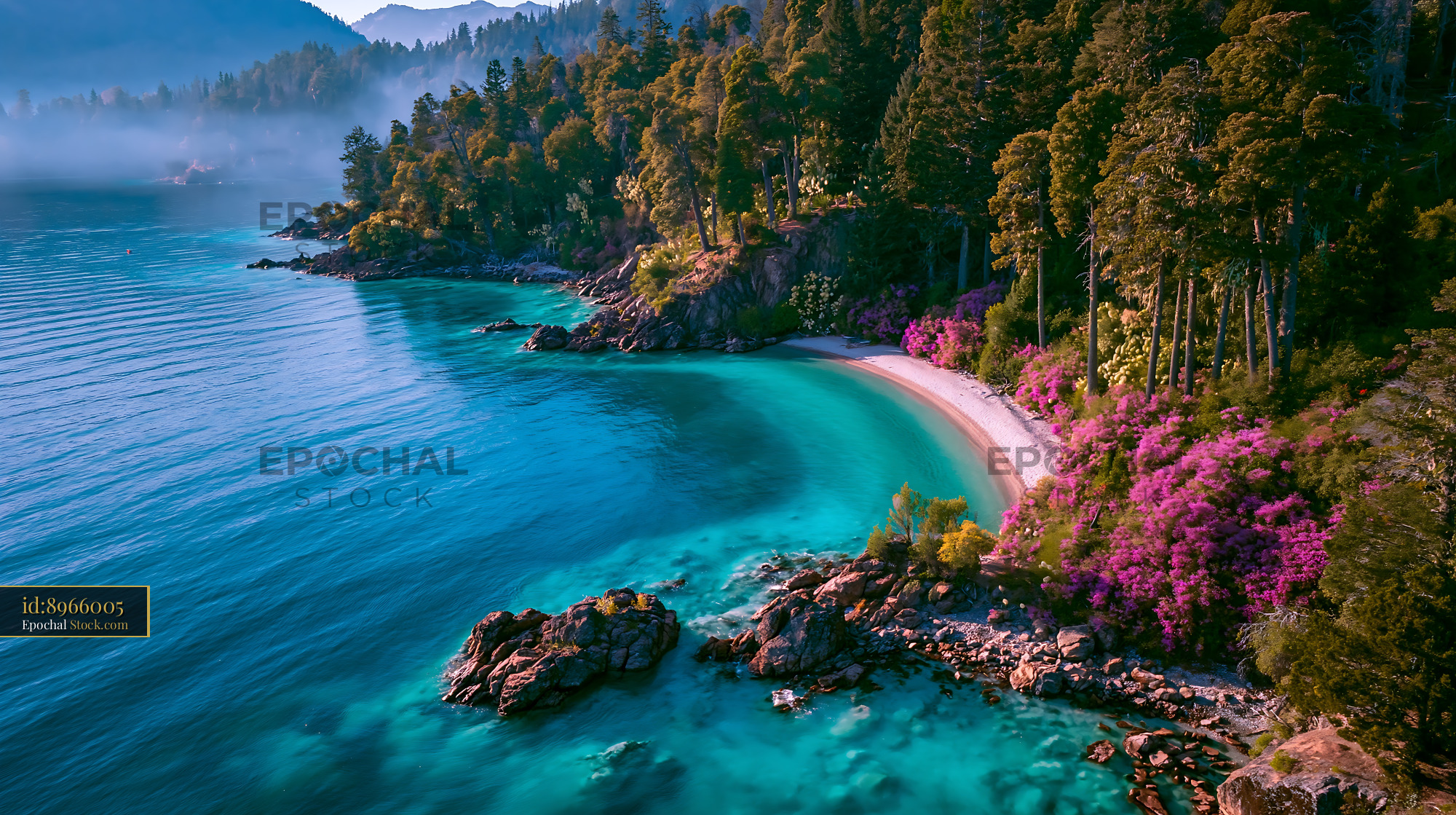 Aerial view of turquoise lake and blooming flowers in Bariloche - stock photo